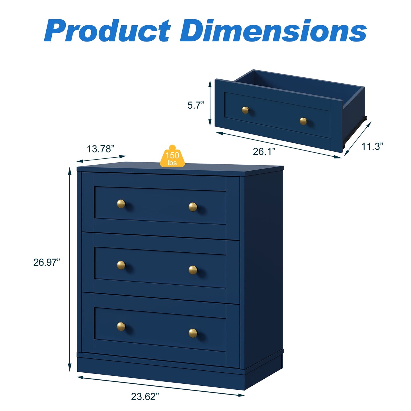 May in Color 3-Drawer Nightstand, Modern Bedside Table with Gold Knobs, Wooden End Table for Bedroom, Living Room, Hallway, or Closet, Blue