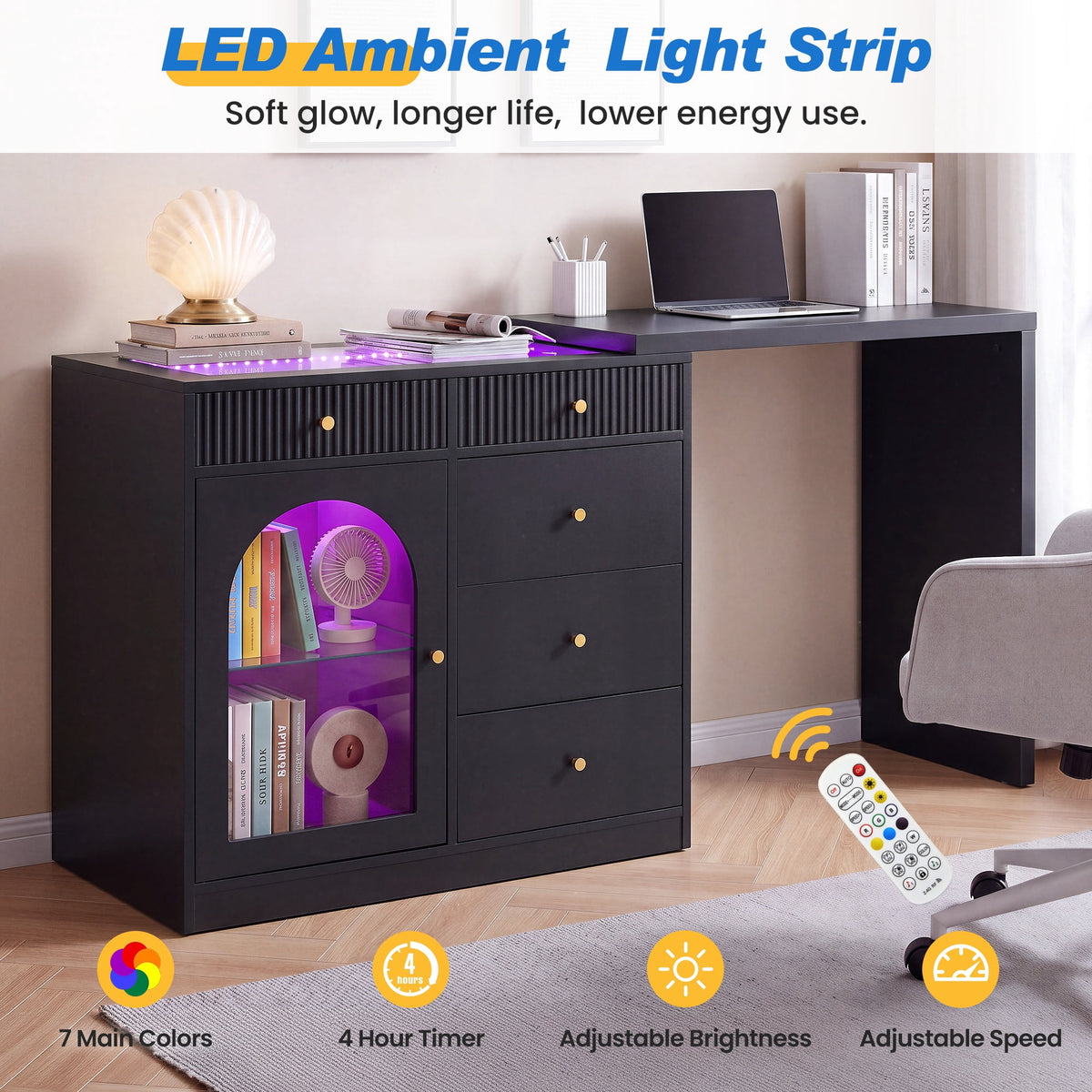 May in Color Black Extendable Vanity with LED Lights, Rotatable L?Shaped Makeup Vanity Desk, 5 Drawers & Arched Glass Cabinet, Multi?Purpose Desk for Working, Studying, Drawing, Sewing, Nail Care