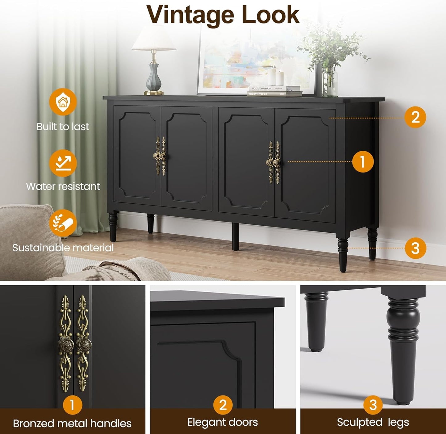 May in Color Sideboard Buffet Cabinet, 58'' Wood Console Cabinet with Storage & 4 Doors, Mid Century Entryway Table, for Living Room, Dining Room, Black