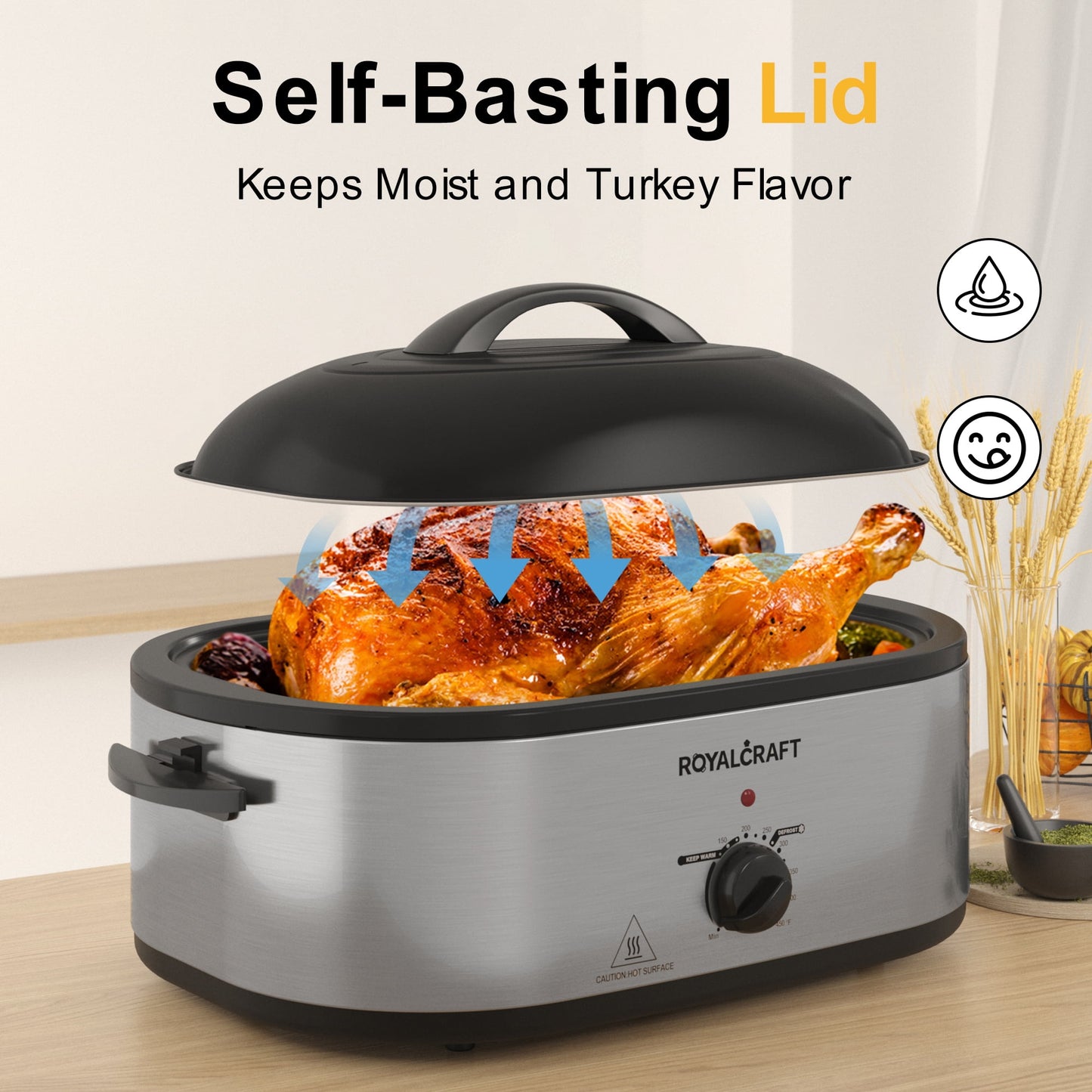 Royalcraft 18 Quart Roasting Oven with Self-Basting Lid Removable Pan, 150 to 450F Temperature Control Cool-Touch Handles,Silver