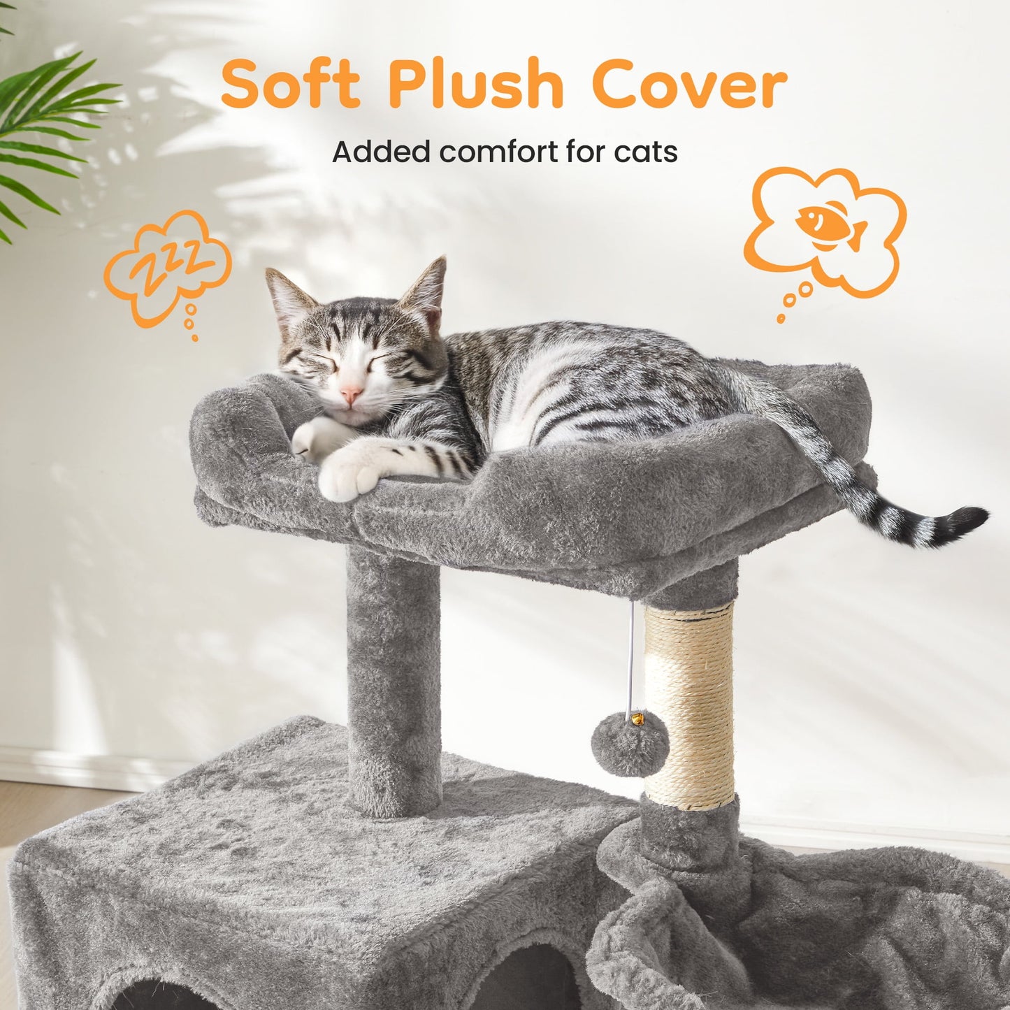Heynemo Multi-Level Cat Tree Tower for Large Cats with Scratching Posts, Condos, Perch, Hammocks & Toys ¨C Modern Indoor Cat Jungle Gym for 2¨C3 Cats, 19.7" x 15.7" x 35.8", Grey
