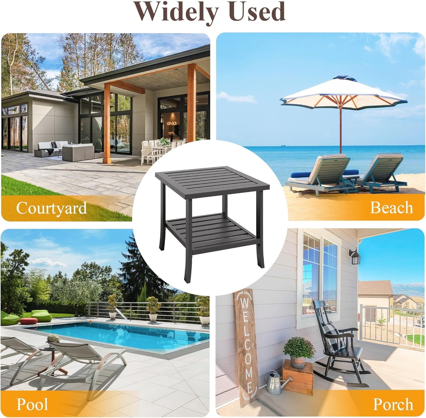 Heynemo 2-Tier Storage Square Patio Side Table, Outdoor Coffee Table, All-Weather Metal Patio End Table for Porch Backyard Garden, Black