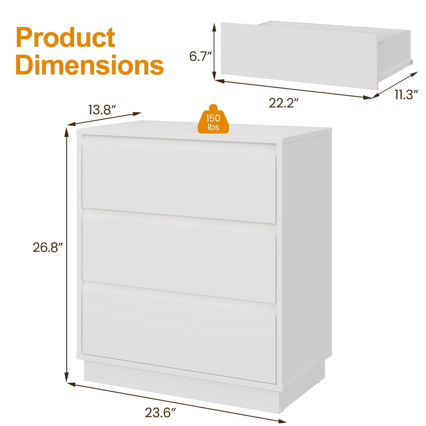 May in Color White Nightstand Set of 3, Bedroom End Table with 3 Drawers, Bedside Table