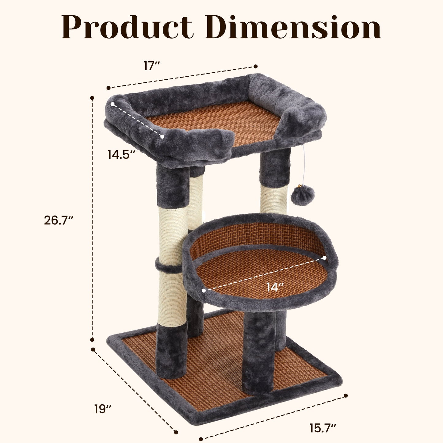Heynemo Multi-Level Cat Tree with Sisal Scratching Posts & Cooling Mat - 2 Beds, Gray