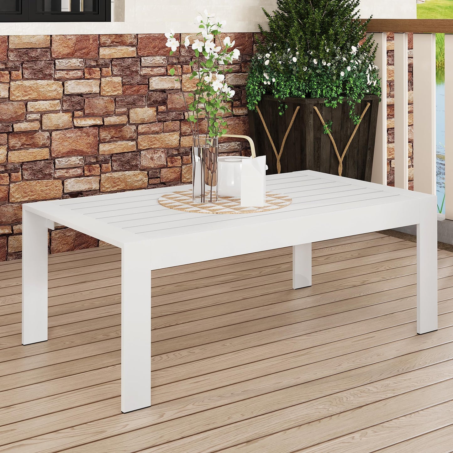 CozyHom Outdoor Patio Furniture Metal Coffee Table, Rectangle Side Table Metal End Table Small Patio Coffee Table For Porch Yard Balcony Garden, White