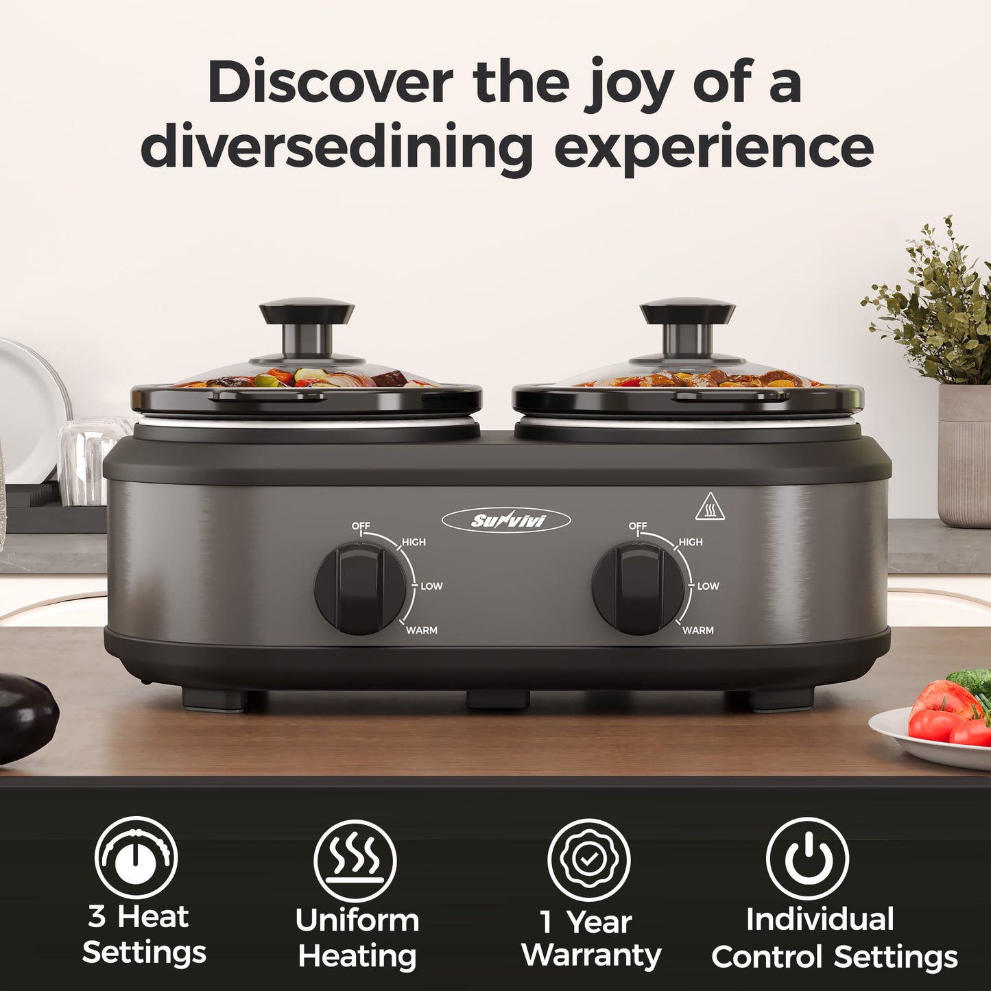 Sunvivi Small Double Slow Cooker, 2 Pot 1.25 Quart Oval Crock Food Warmer Buffet Server, Stainless Steel, Gray