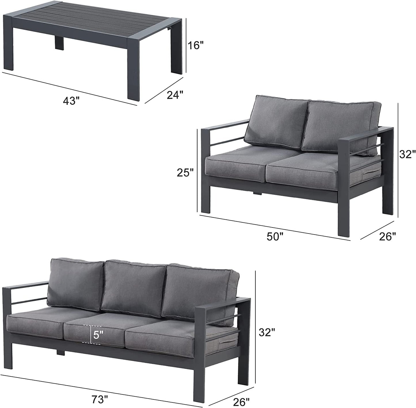 Heynemo 4 Pcs Outdoor Furniture Sofa Set Aluminum Patio Conversation Set With Coffee Table and 5 Inches Cushions, Gray