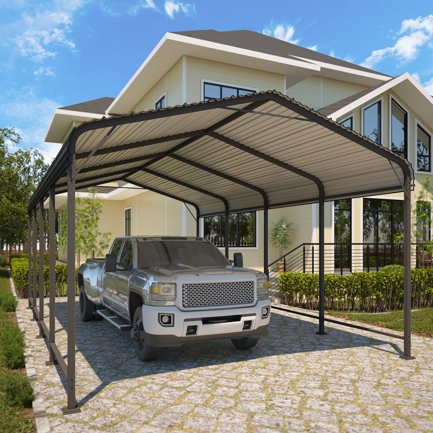 Heynemo 12x20 FT Metal Carport, Heavy Duty Canopy with Updated Roof & Enhanced Base, Multi-Use Carport Garage for Car, Truck, Boat, Tractors, Party, Grey