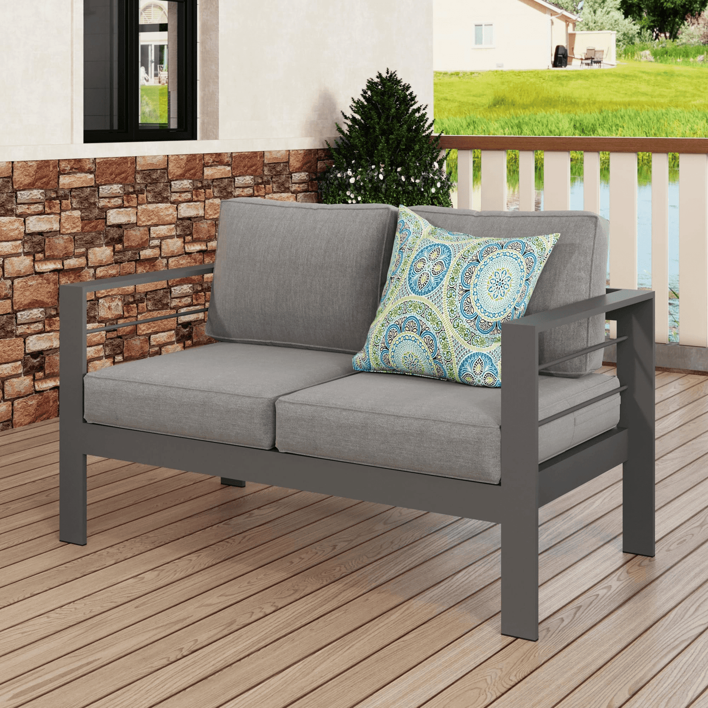 CozyHom 2-Seat Modern Outdoor Patio Aluminum Sofa Furniture Sets Clearance, All-Weather Patio Furniture Decorative Chairs Sofa Loveseat With Cushion, Gray