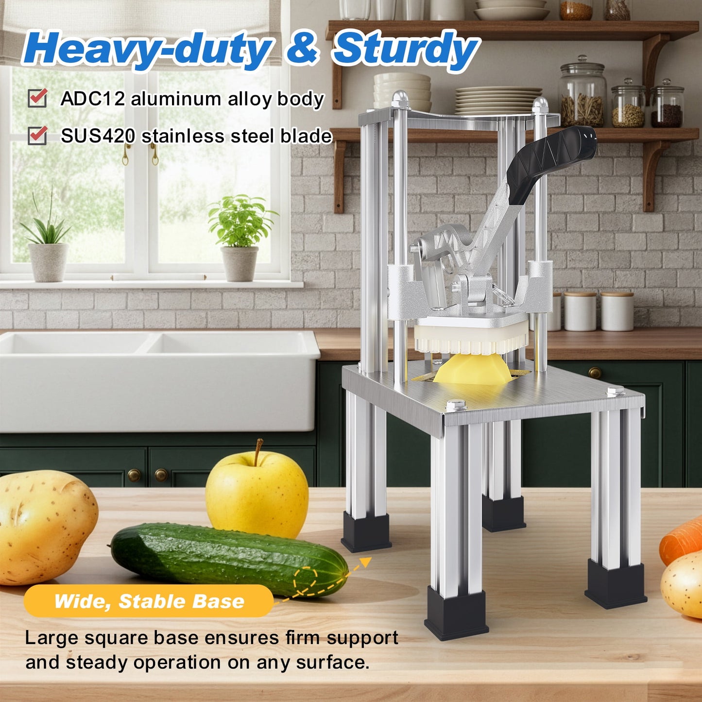 Sunvivi French Fry Cutter Heavy Duty, Commercial Potato Slicer with 2 Blades (1/2" & 3/8"), Stainless Steel for Home & Restaurant