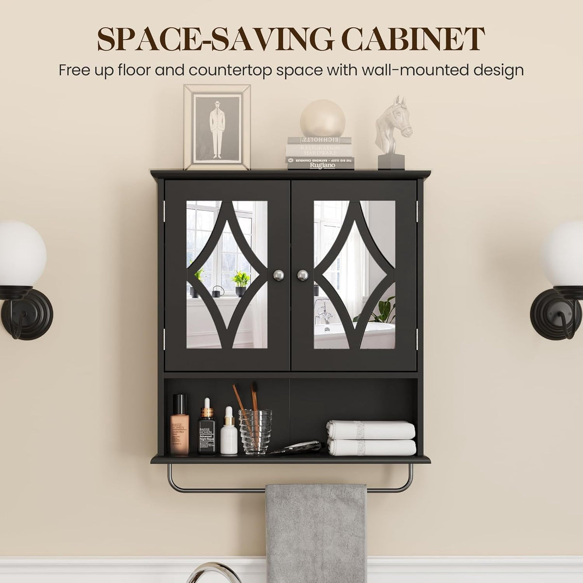Superjoe Bathroom Medicine Cabinet with Mirror, Vanity Wall Mounted Storage Cabinet with Adjustable Shelves and Towel Bar, Hanging Wall Cabinet for Bathroom, Laundry, Living Room, Black