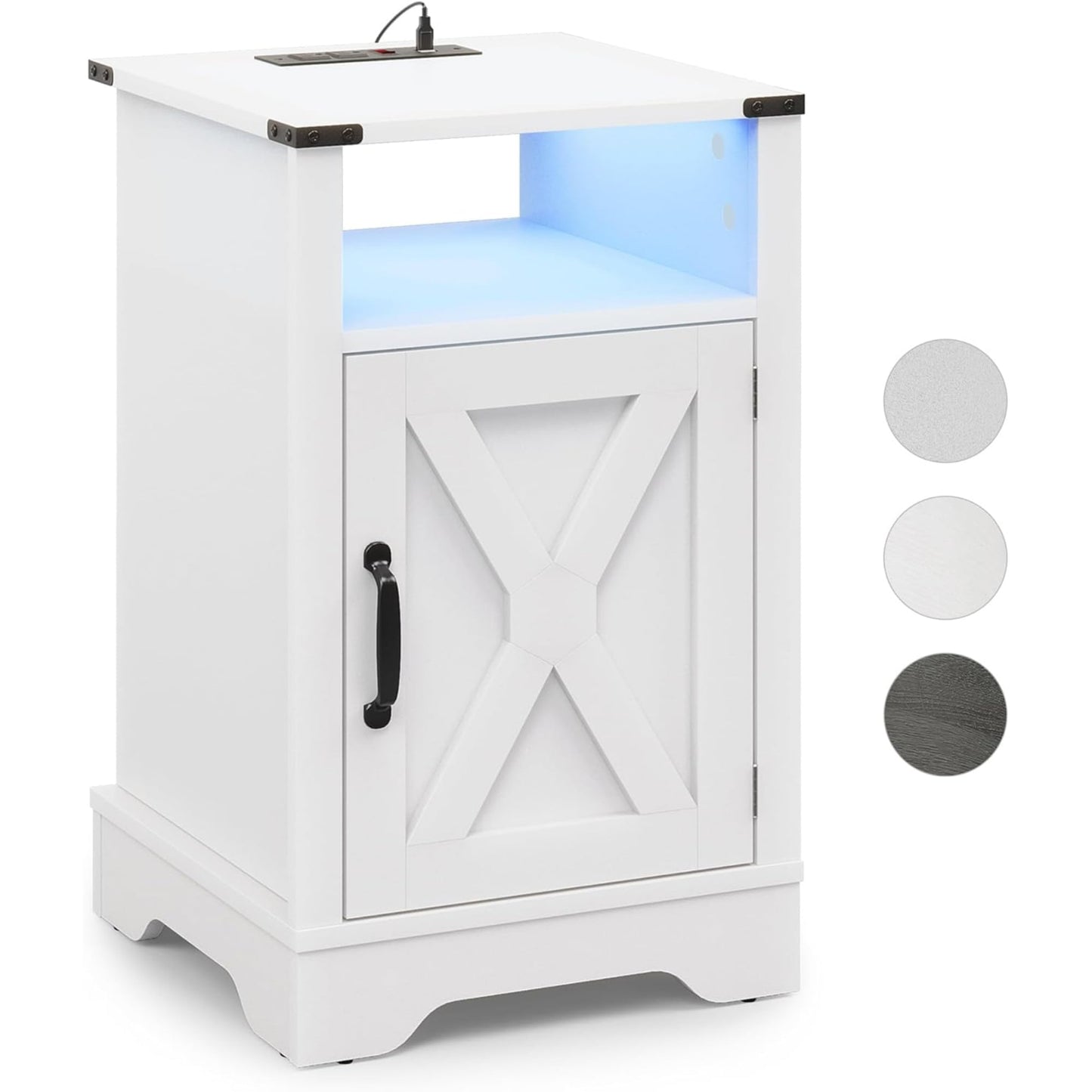 CozyHome LED Nightstand Set of 2 with Charging Station, Bedside Table with Storage Cabinet and Shelf, Rustic End Table, Farmhouse Wooden Side Table, for Bedroom, Living Room, White