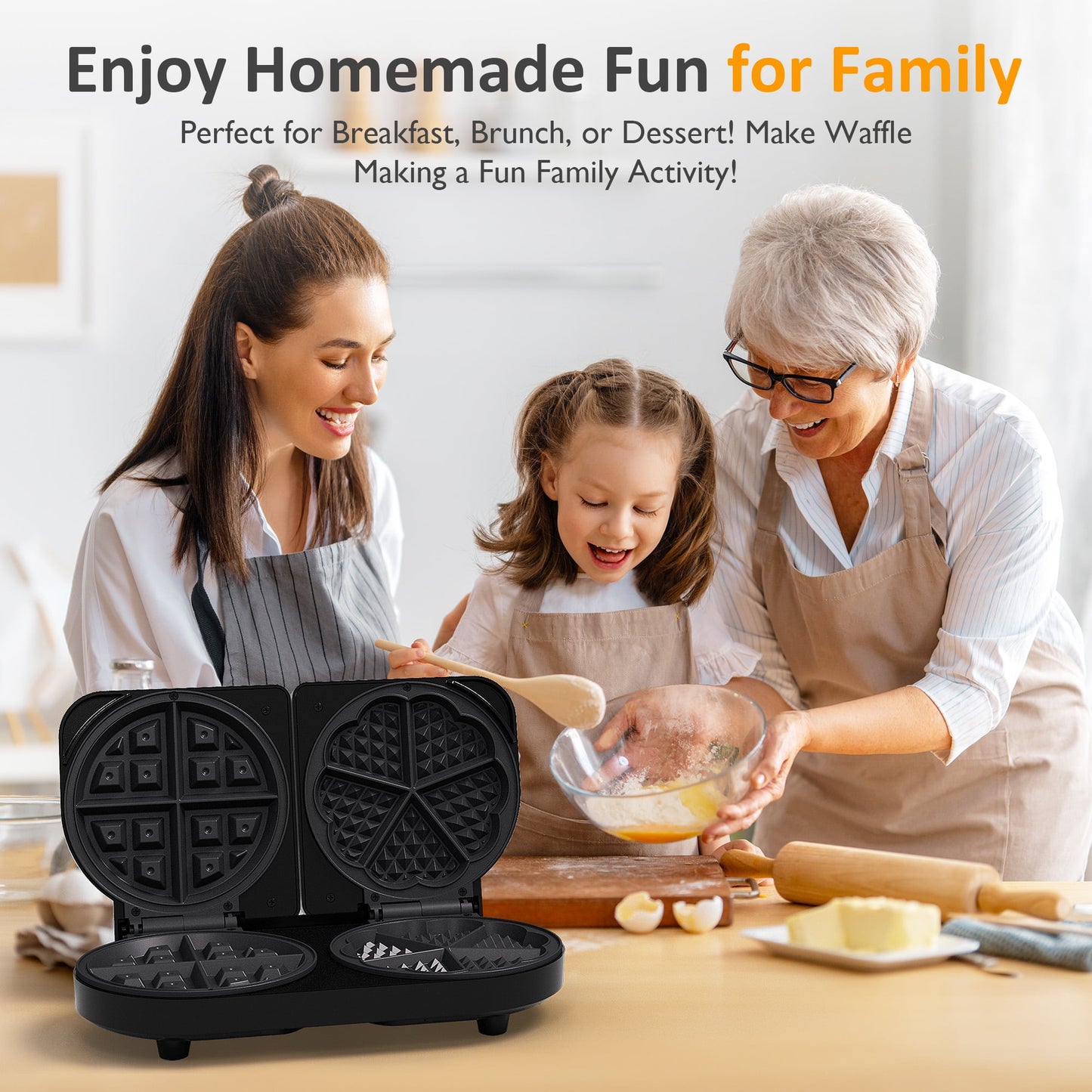 Heynemo Double Waffle Maker with Adjustable Temp, Heart Waffle & Classic Waffle Iron