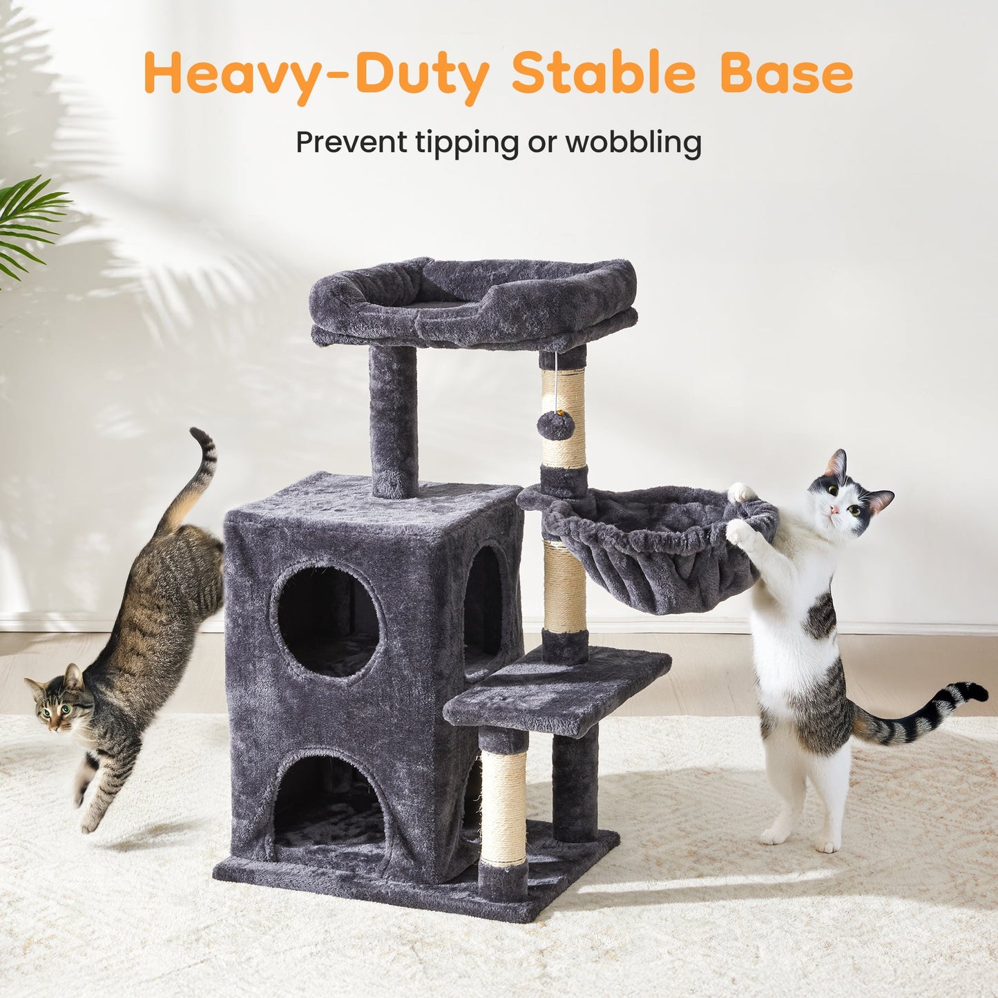 Heynemo Multi-Level Cat Tree Tower for Large Cats with Scratching Posts, Condos, Perch, Hammocks & Toys ¨C Modern Indoor Cat Jungle Gym for 2¨C3 Cats, 19.7" x 15.7" x 35.8", Dark Grey