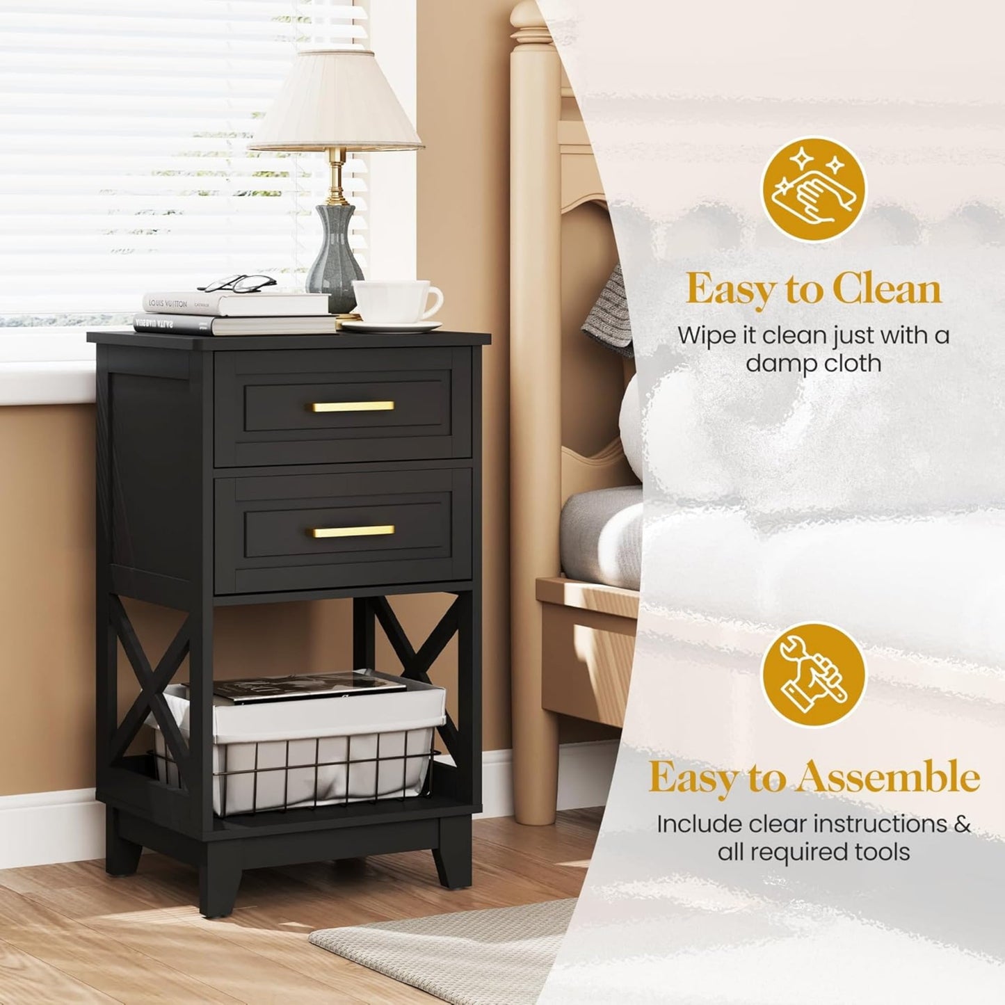 CozyHome Tall Nightstand Set of 1, Side Table with 2 Drawers and Open Shelf Below, Bedside Table with Solid Feet, Modern Night Stand End Table for Bedroom, Living Room, Home Office, Black