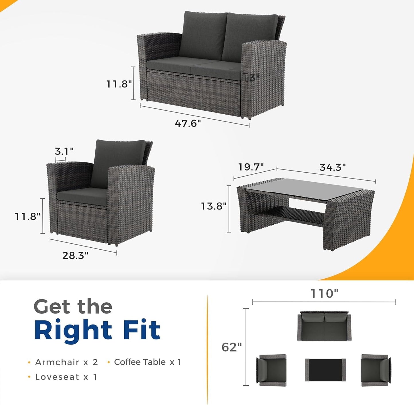 CozyHom 4 Pcs Outdoor Patio Furniture Sets Wicker Sofa Sets, Rattan Conversation Sofa Sets With Cushion For Backyard Lawn Garden And Porch Deck, Black