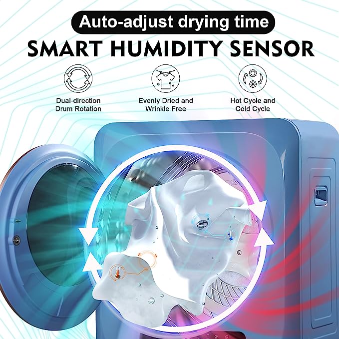 Portable Dryer for Apartments, Front Load 120 V Electric RV Dryer with Smart Moisture Sensor, LCD Control Panel Tumble Portable Clothes Dryer Machine with Stainless Steel Drum for Apartment, Dorm and Home, Size 1.6 cu.ft, Blue 850W