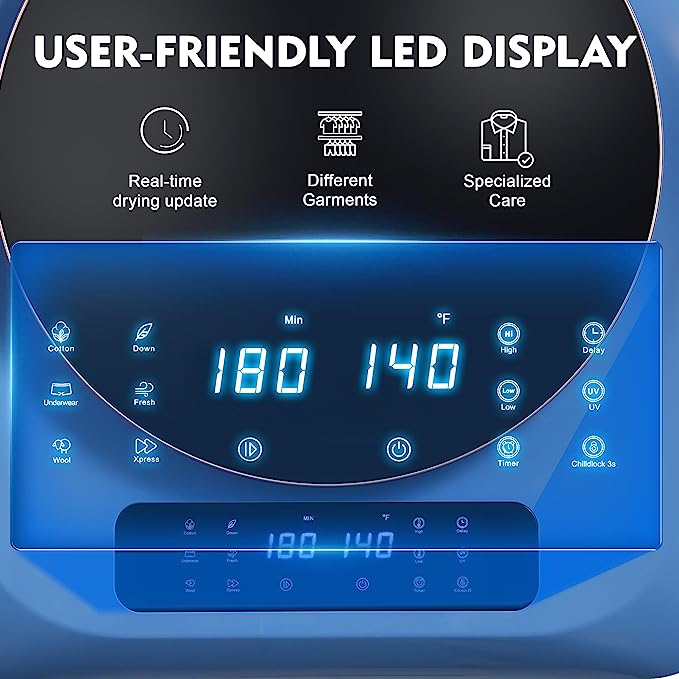 Portable Dryer for Apartments, Front Load 120 V Electric RV Dryer with Smart Moisture Sensor, LCD Control Panel Tumble Portable Clothes Dryer Machine with Stainless Steel Drum for Apartment, Dorm and Home, Size 1.6 cu.ft, Blue 850W