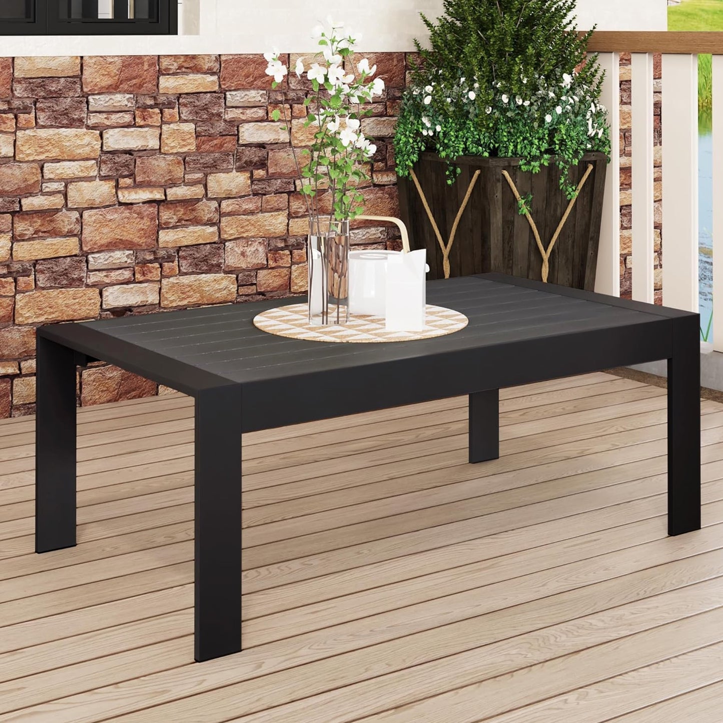 CozyHom Modern Outdoor Patio Aluminum Black Coffee Table, All Weather Metal Outdoor Rectangle Coffee Table Long Table, Black