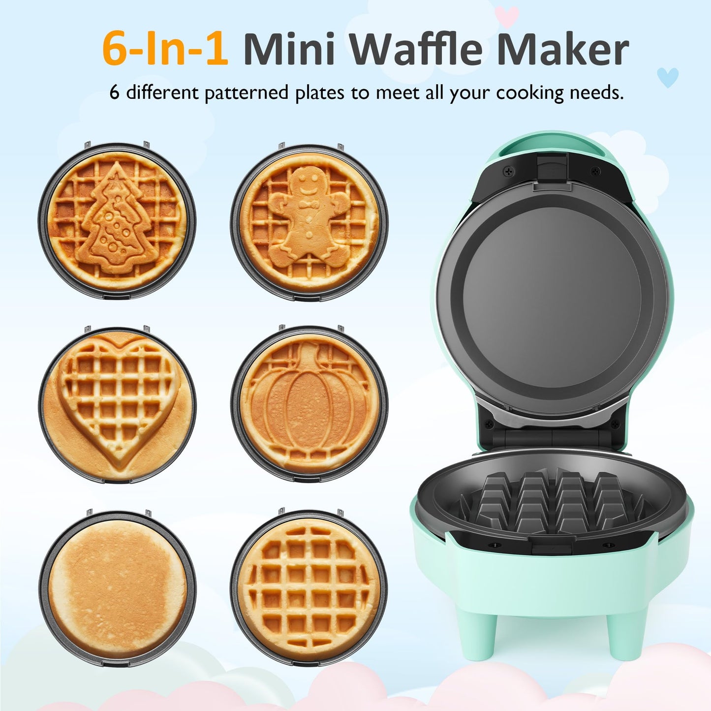 Heynemo 6 in 1 Mini Waffle Maker, 4¡± Waffle Iron with Removable Non-stick Plates, Perfect Mini Waffle Maker for Kids and Families, Light Blue