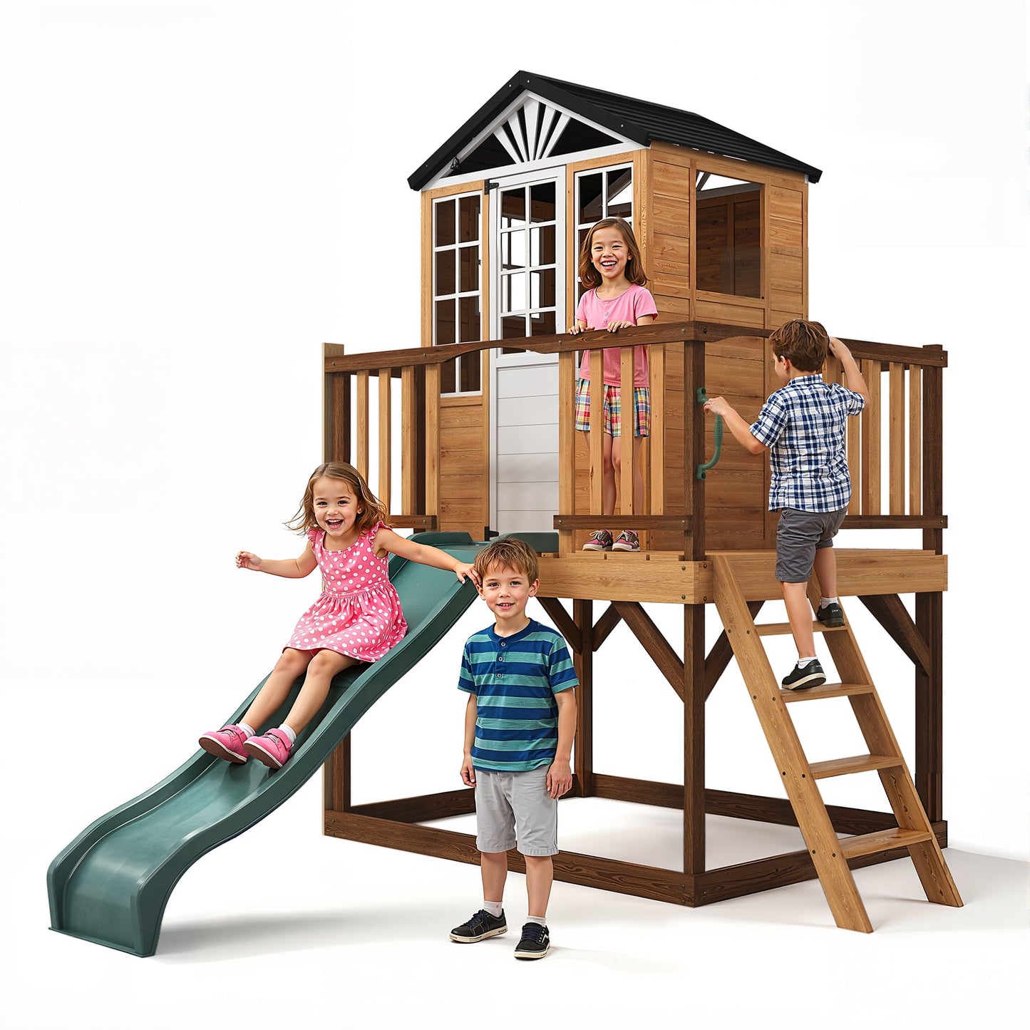 May in Color 9-in-1 Multifunctional Wooden Playhouse with Slide, Sandbox, and Kitchen - A Durable Backyard Adventure Playset for Kids Ages 3-10
