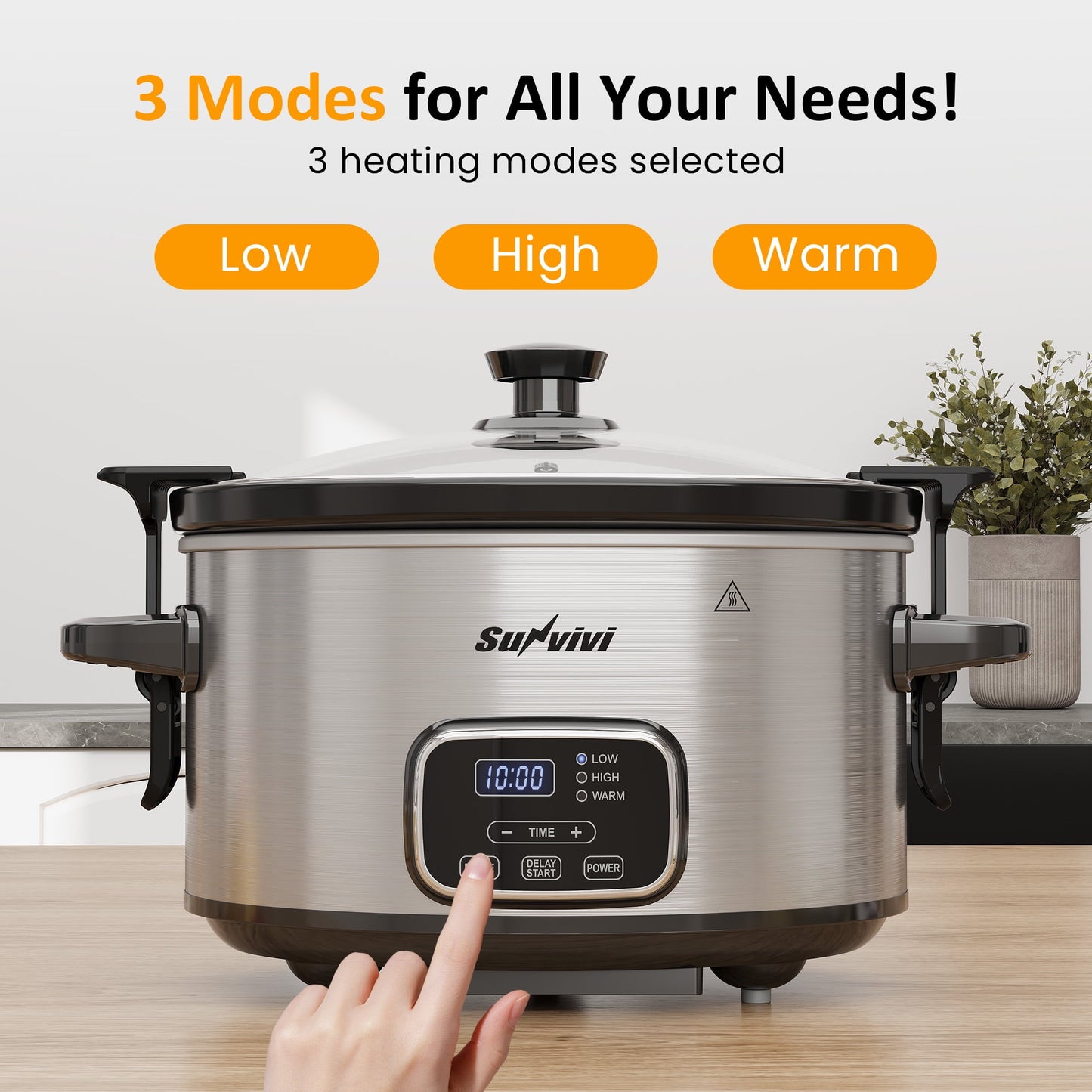 Heynemo 4QT Programmable Slow Cooker with Locking Lid, Removable Ceramic Pot, 3 Heating Settings & Timer, Dishwasher-Safe, Stainless Steel