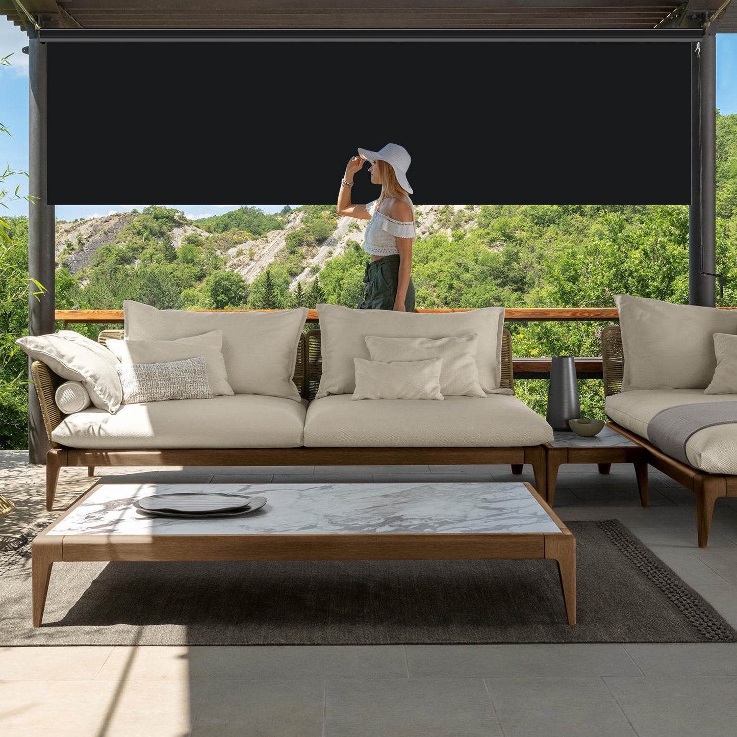 Superjoe 6x8 ft Crank Outdoor Operated Roller Shade Patio Cordless Blinds 95% Block, Black