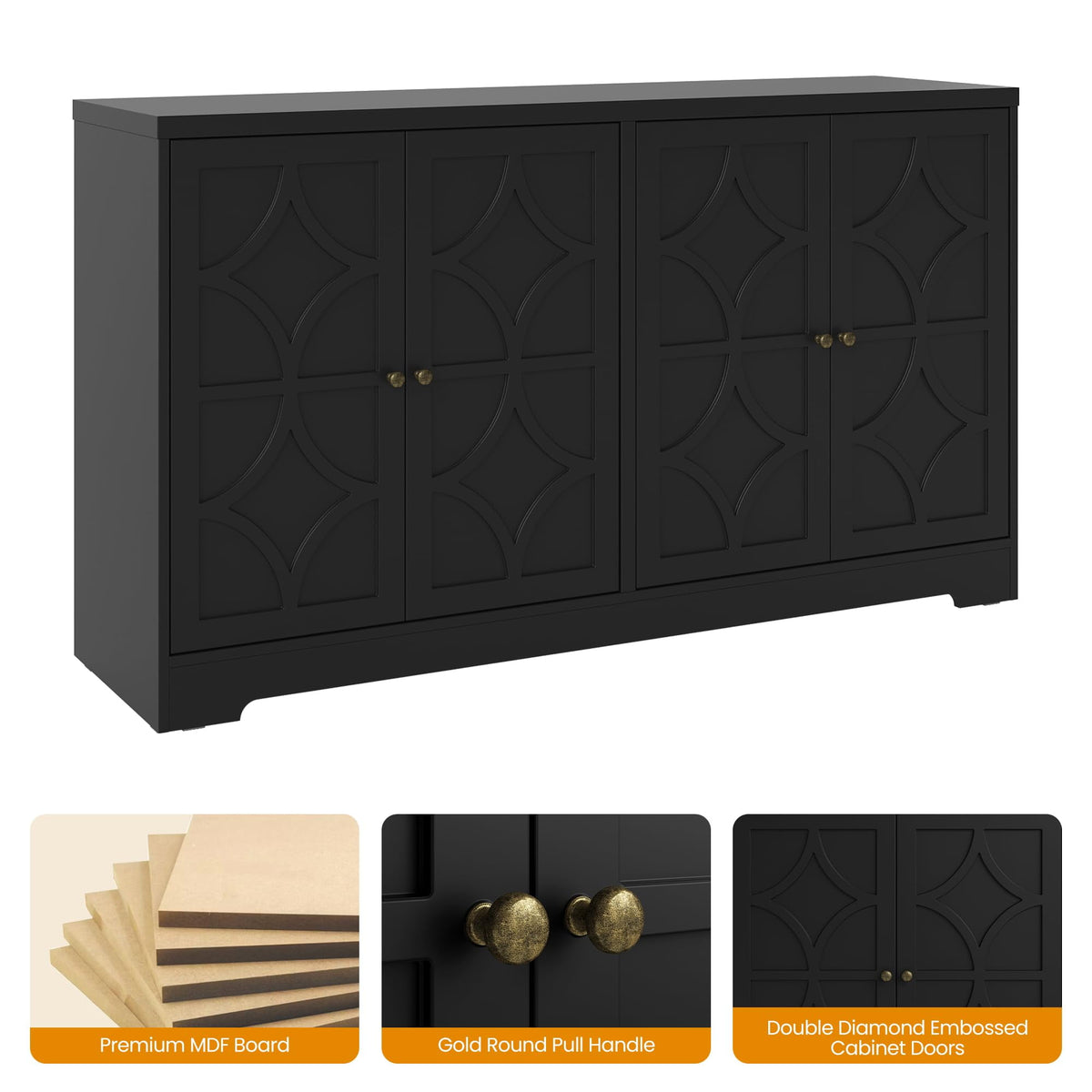 May in Color 56" Modern Buffet Cabinet, Wood Sideboard with 4 Doors and Adjustable Shelves, for Entryway, Living Room, Matte Black