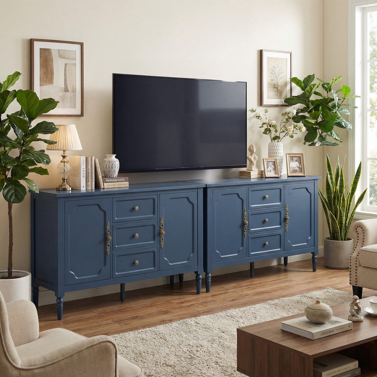 Heynemo Buffet Sideboard with 2 Doors & 3 Drawers, Storage Cabinet with Adjustable Shelves for Living Room, Dining Room, Blue