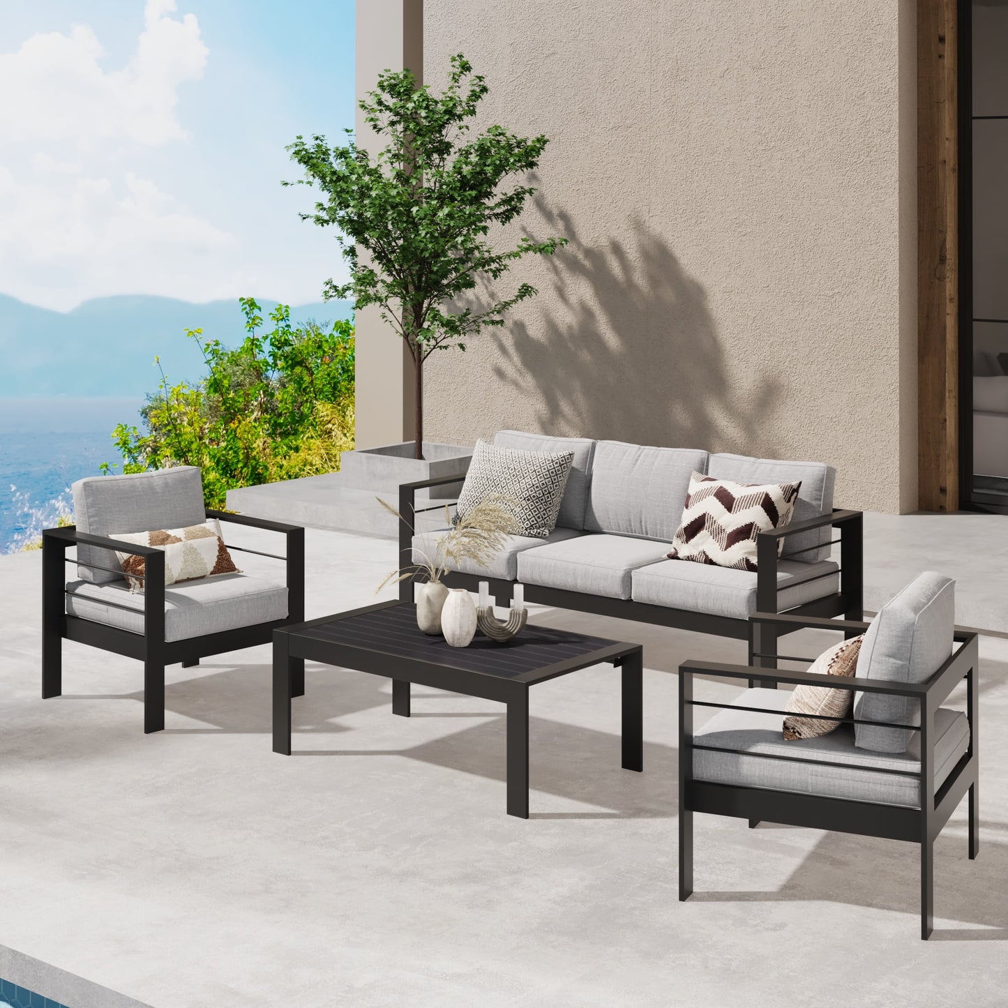 CozyHom 2-Seater Indoor Outdoor Patio Aluminum Armchair Furniture Sofa Sets With Cushions, Cozy Patio Conversation Sofa Chairs For Garden Living Room, Gray