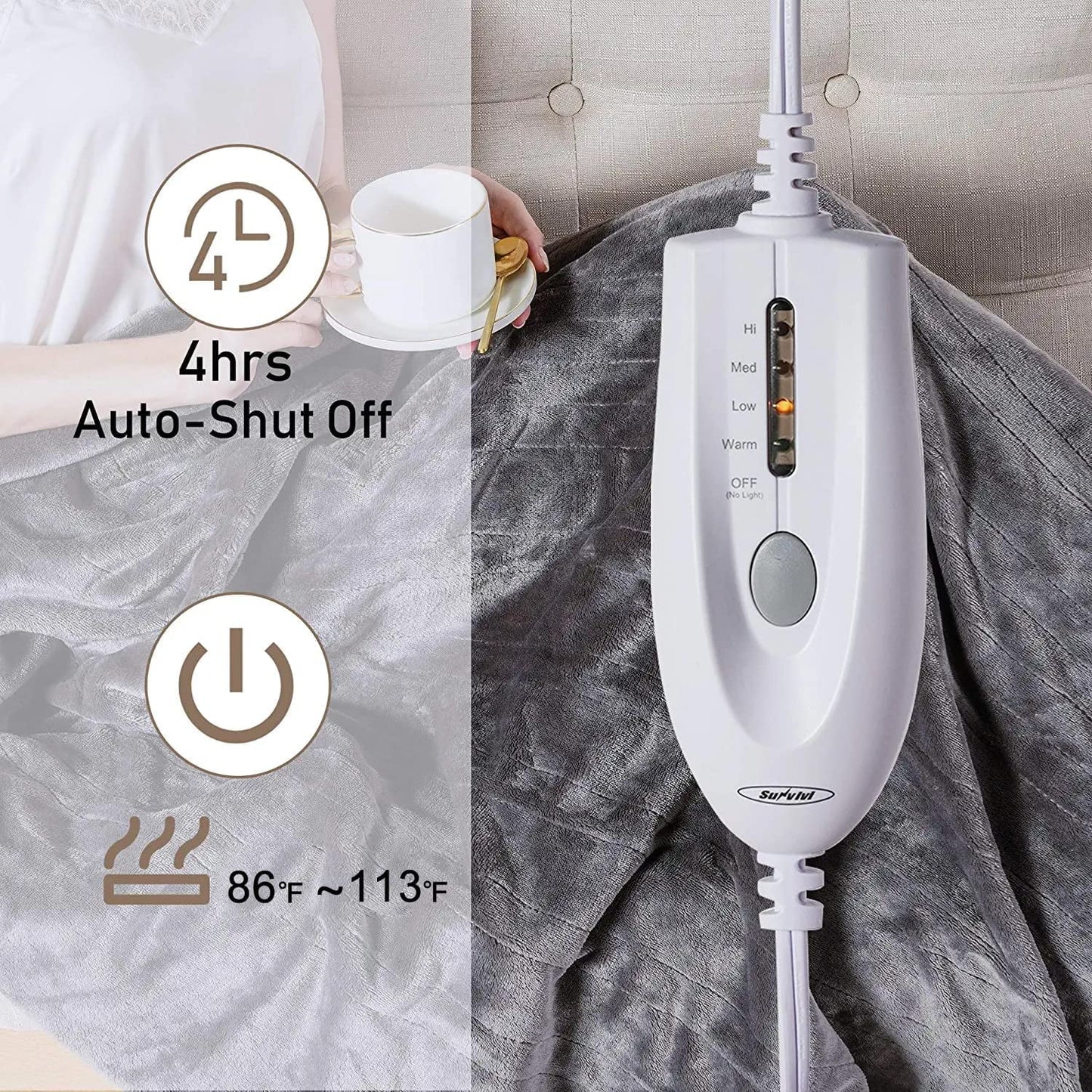Superjoe Electric Heated Blanket 60" x 50" Double-Layer Flannel 4 Heat Settings and Auto-off, Grey