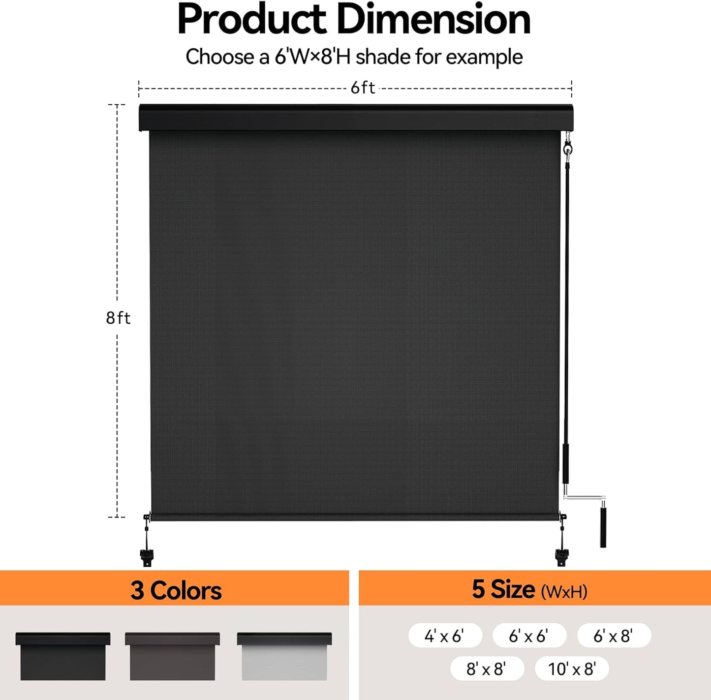 Superjoe Outdoor Roller Shades with 95% UV Blockout, 6'W x 8'H Exterior Cordless Patio Shades Roll Up Outdoor Blinds for Porch Gazebo, Blockout Waterproof Protect Privacy, Black