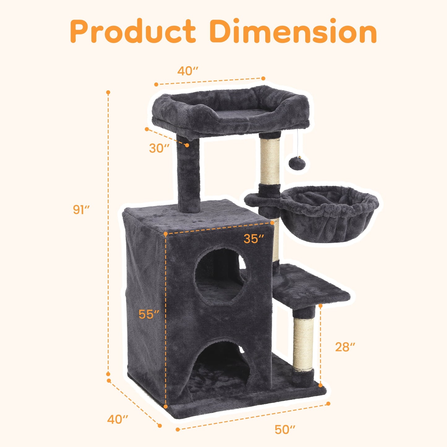 Heynemo Multi-Level Cat Tree Tower for Large Cats with Scratching Posts, Condos, Perch, Hammocks & Toys ¨C Modern Indoor Cat Jungle Gym for 2¨C3 Cats, 19.7" x 15.7" x 35.8", Dark Grey