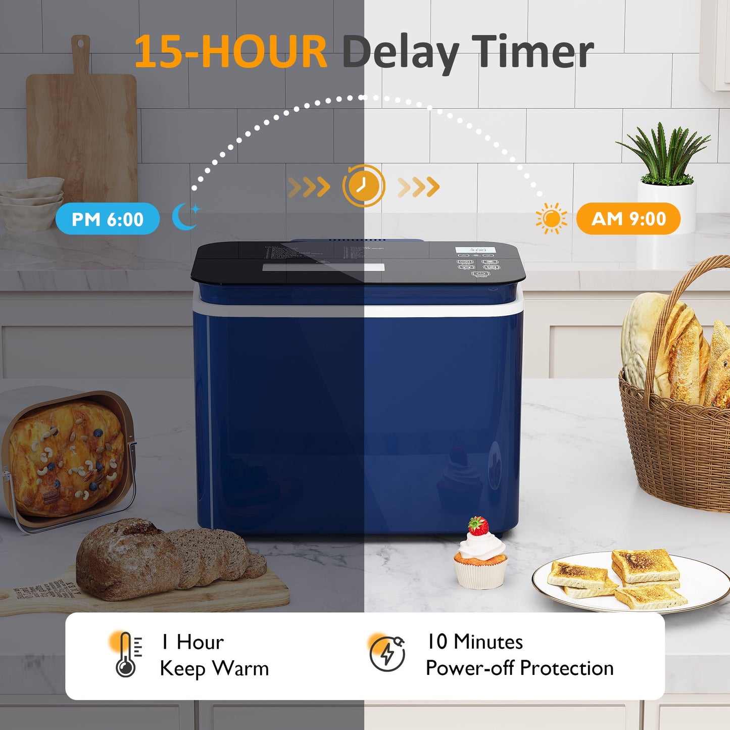 Heynemo 2.2LB Bread Maker, 21 Programs, 3 Loaf Sizes & Crust Colors, Digital Touch Panel, 15H Timer, Keep Warm Function, Blue