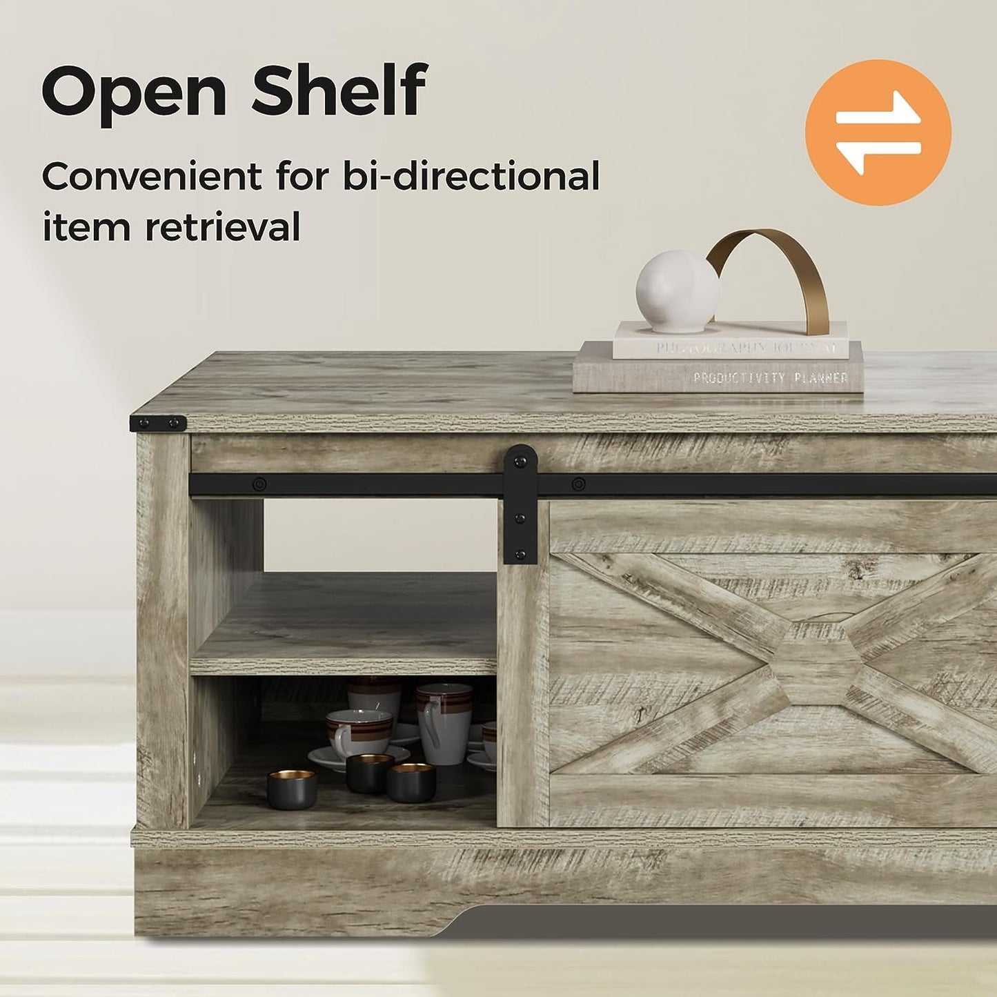 CozyHom Farmhouse Rectangular Coffee Table with Storage Drawer and Sliding Barn Door Furniture, Rustic Coffee Table with Open Shelves for Living Meeting Room, Warm Grey