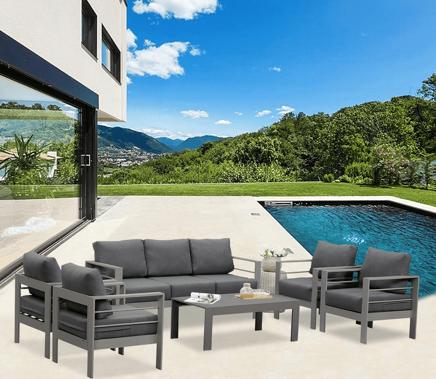 Heynemo 6 Pcs Patio Furniture Set Aluminum Conversation Set Outdoor Sofa with Coffee Table, White