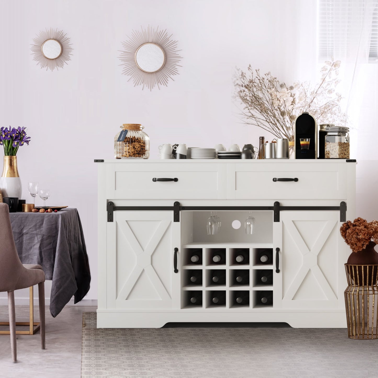 CozyHom Farmhouse Coffee Bar Cabinet, Buffet Sideboard Cabinet With 2 Drawers, Kitchen Storage Cabinet With Sliding Barn Door, Whtie