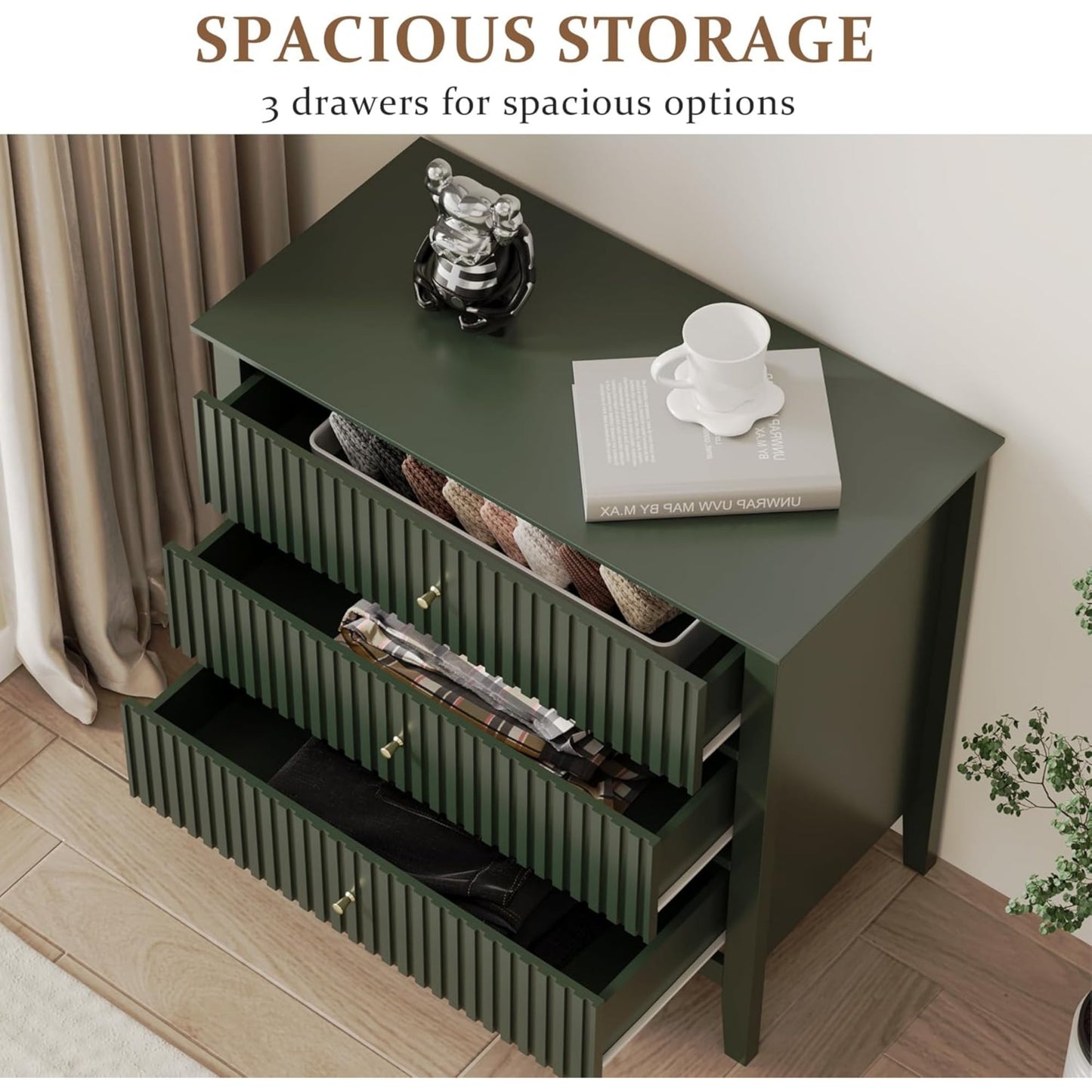 Heynemo Green 3 Drawer Dresser, Painted 30 Inch Tall Wood Nightstand with Storage, Wide Modern Chest of Drawers with Ball Bearing Slide for Bedroom Hallway Living Room Entryway Office