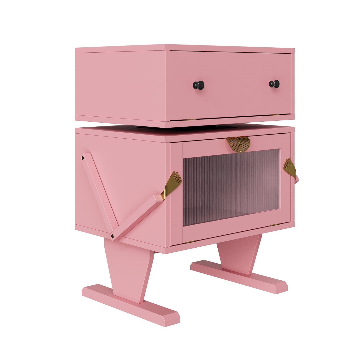 Heynemo Pink Nightstand with LED Light Strips 360¡ã Rotating Drawer, Modern End Table with Glass Door Storage, Wood Bedside Table Cabinet for Living Room, Bedroom