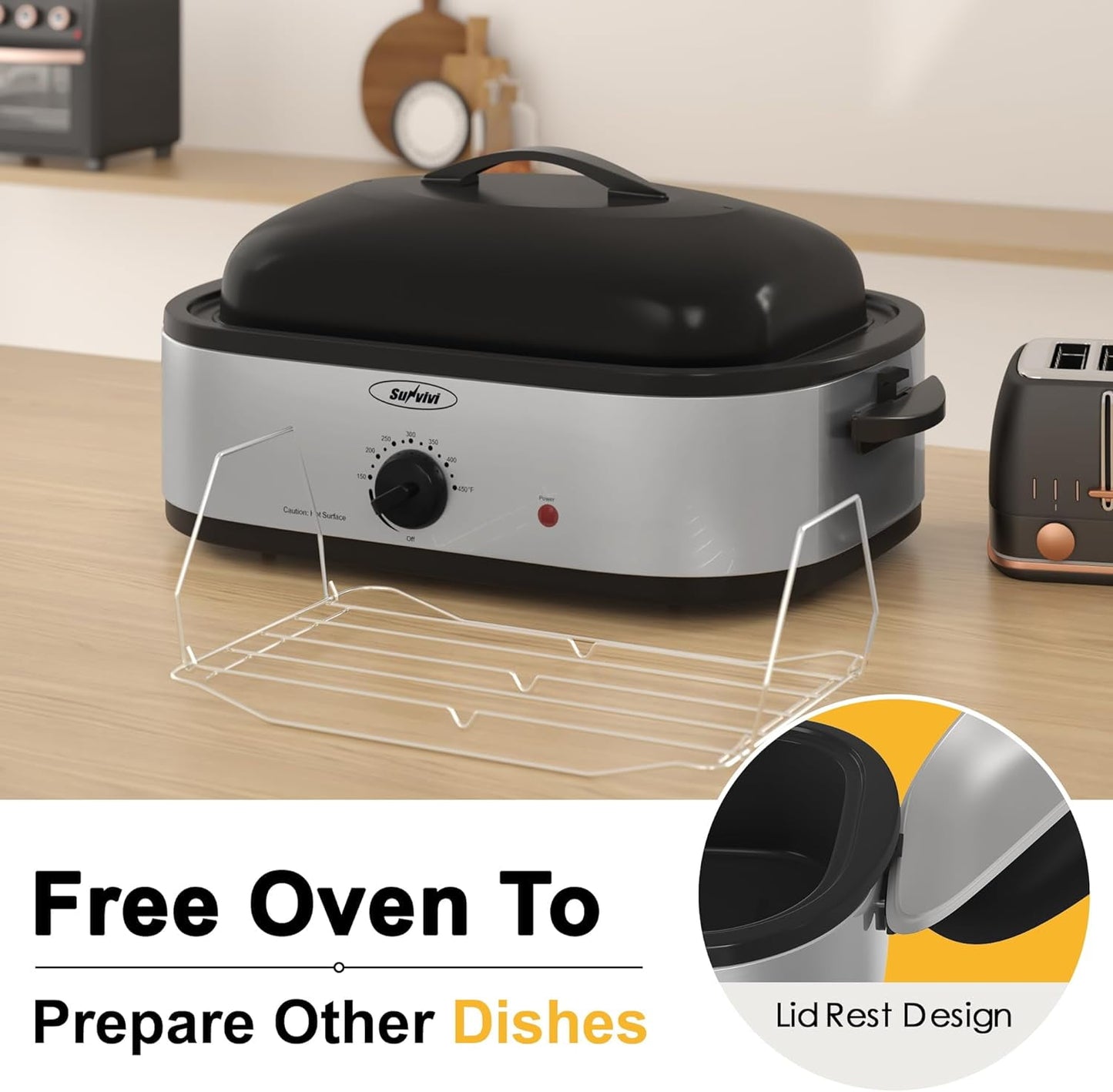 Superjoe 14QT Electric Roaster Oven with Self-Basting Lid, Removable Pan and Rack, Stainless Steel, Silver
