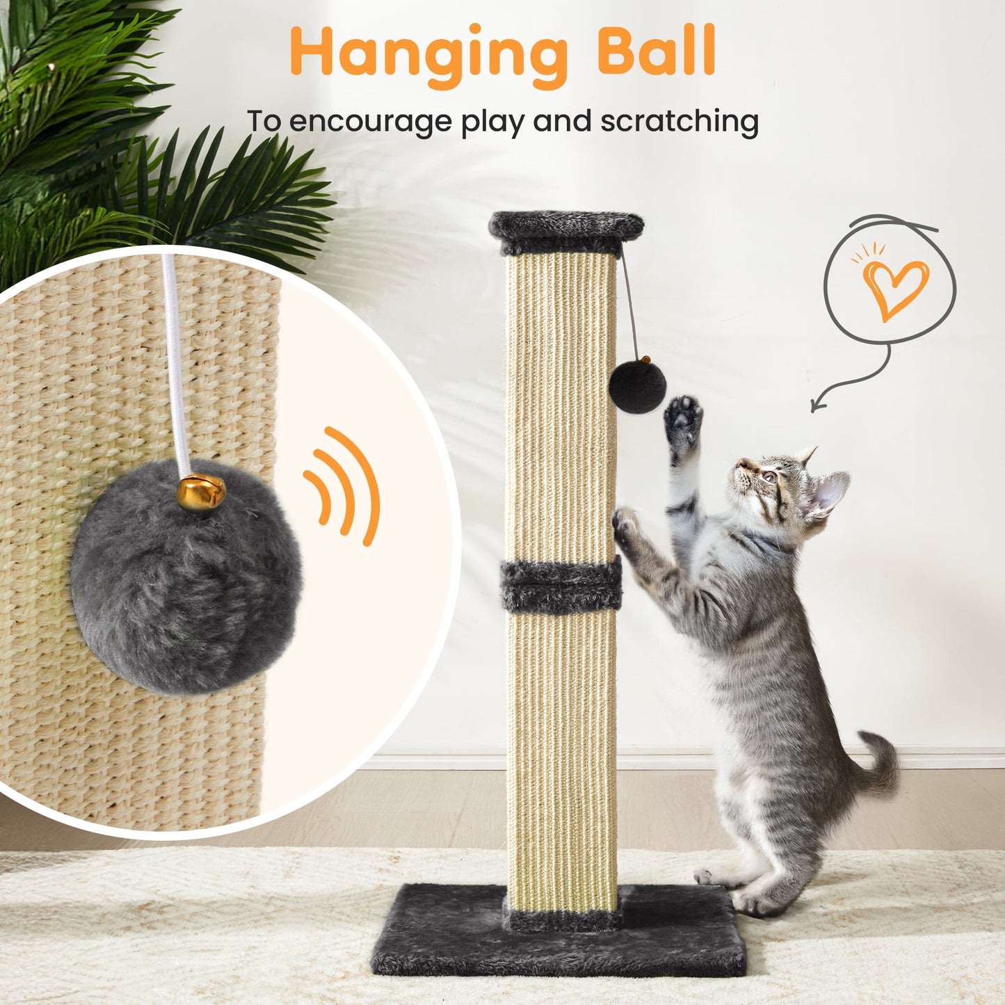 Heynemo 32-Inch Cat Scratching Post with Hanging Ball Toy, Tall Sisal Scratch Post for Indoor Cats, Cat Scratcher for Kittens & Large Cats, Grey