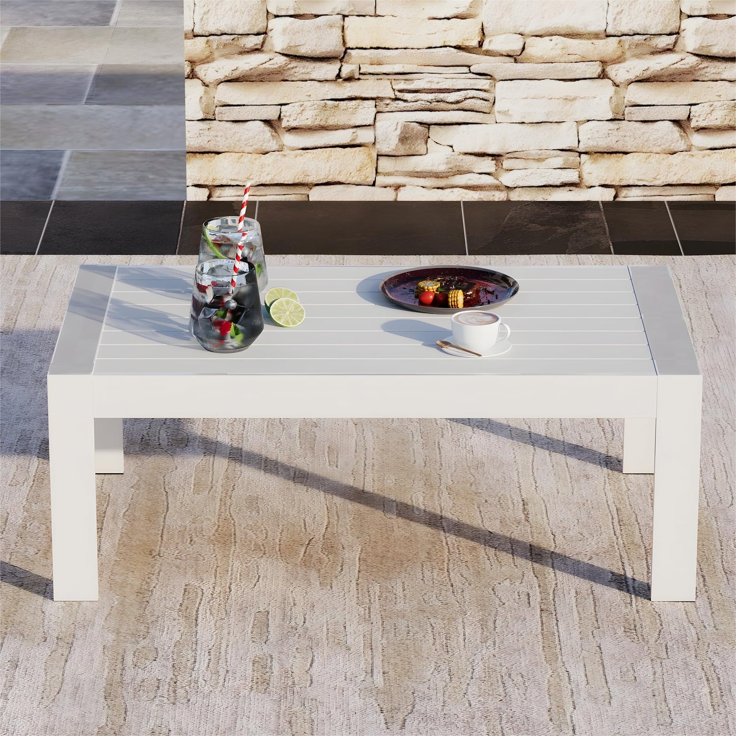 CozyHom Outdoor Patio Furniture Metal Coffee Table, Rectangle Side Table Metal End Table Small Patio Coffee Table For Porch Yard Balcony Garden, White