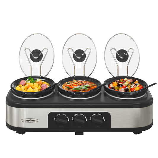 Triple Slow Cooker with 3 Spoons, 3 Pot 1.5 Quart Oval Crock Food Warmer Buffet Server, Stainless Steel