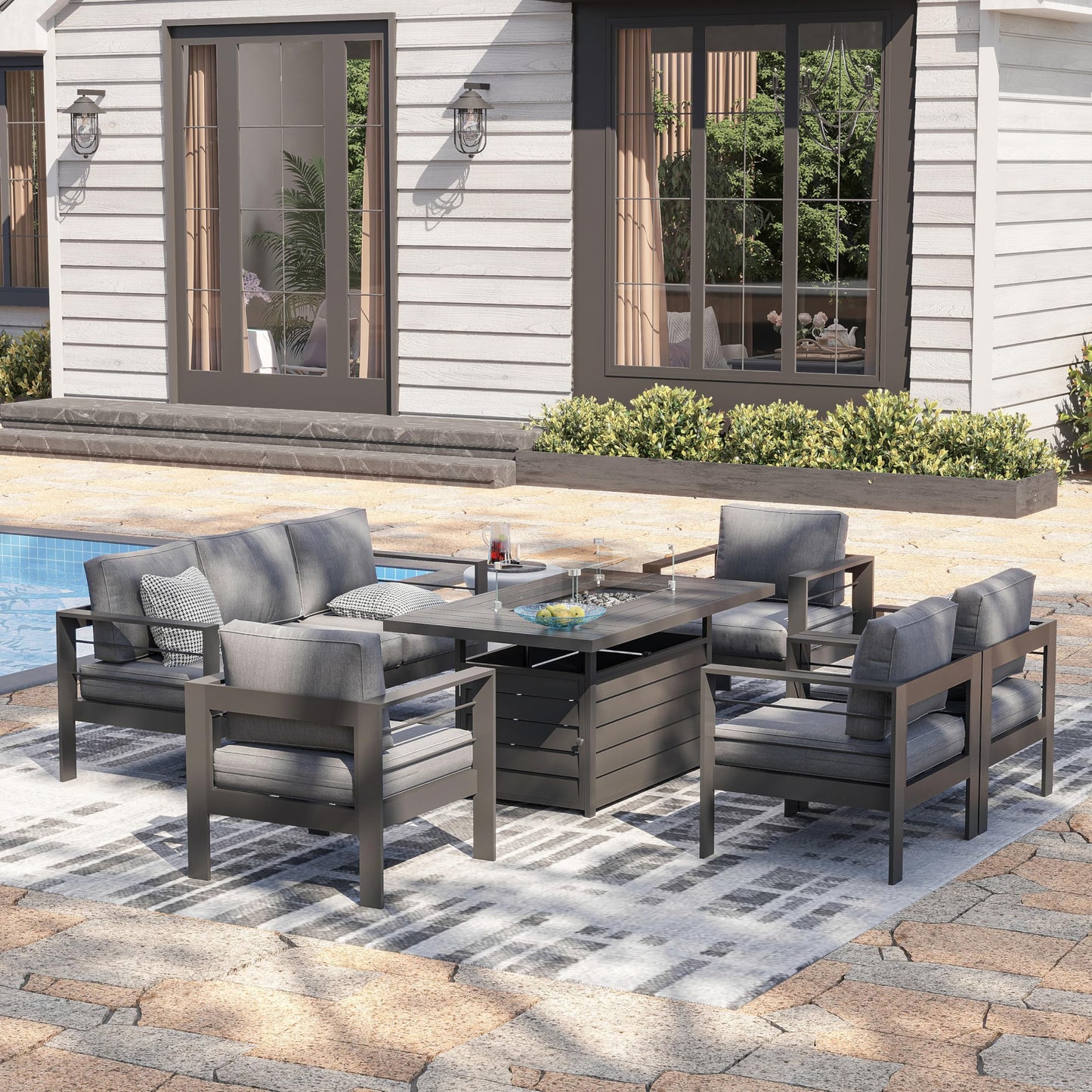 CozyHom 8Pcs Outdoor Patio Aluminum SofaFurniture Sets With Fireplace Table, All Seasons Patio Sectional Metal Conversation Couch Furniture, Gray