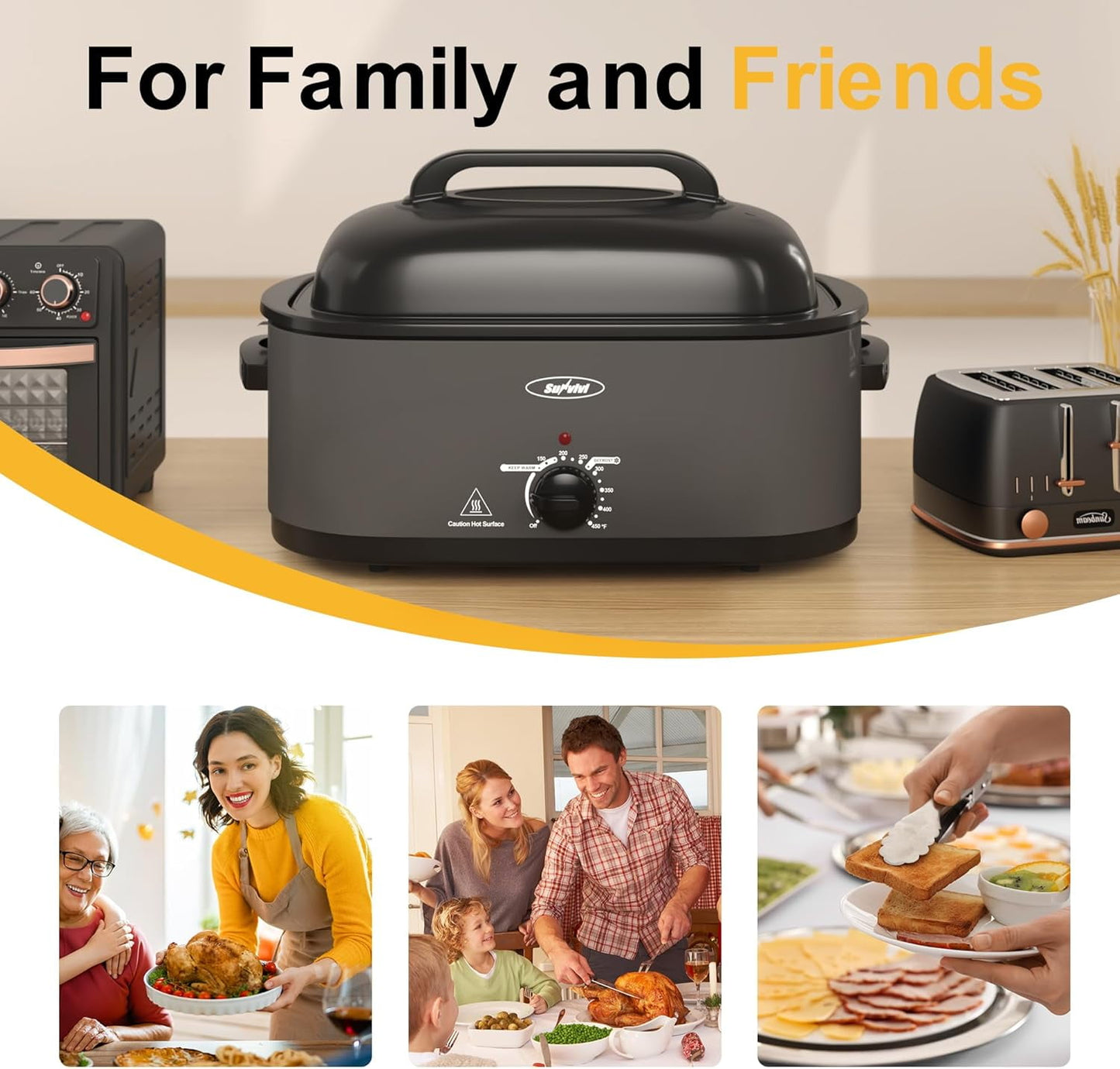 Superjoe 26 QT Electric Roaster Oven, Stainless Steel Self-Basting Lid Removable Pan, Grey