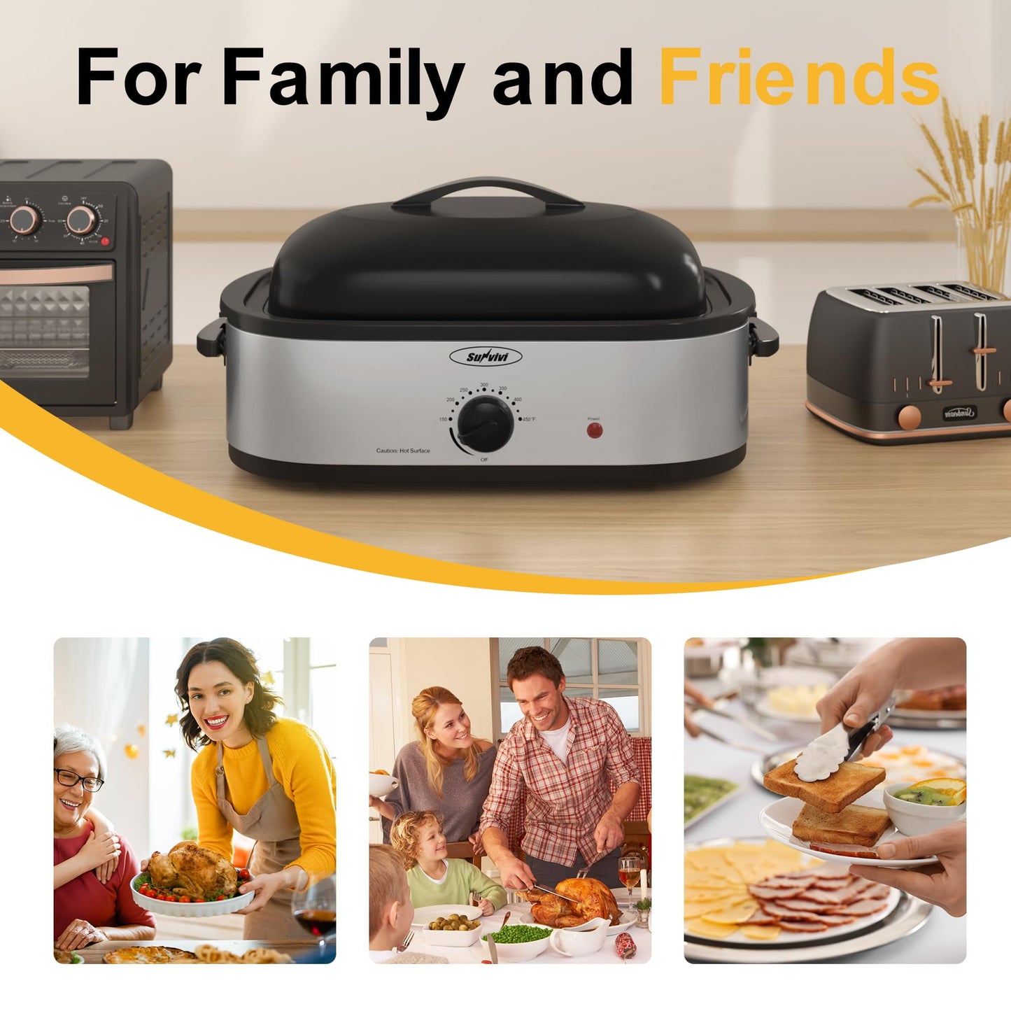 Sunvivi 14-Quart Electric Roaster Oven with Self-Basting Lid, Turkey Roaster Oven with Rack, Stainless Steel, Silver