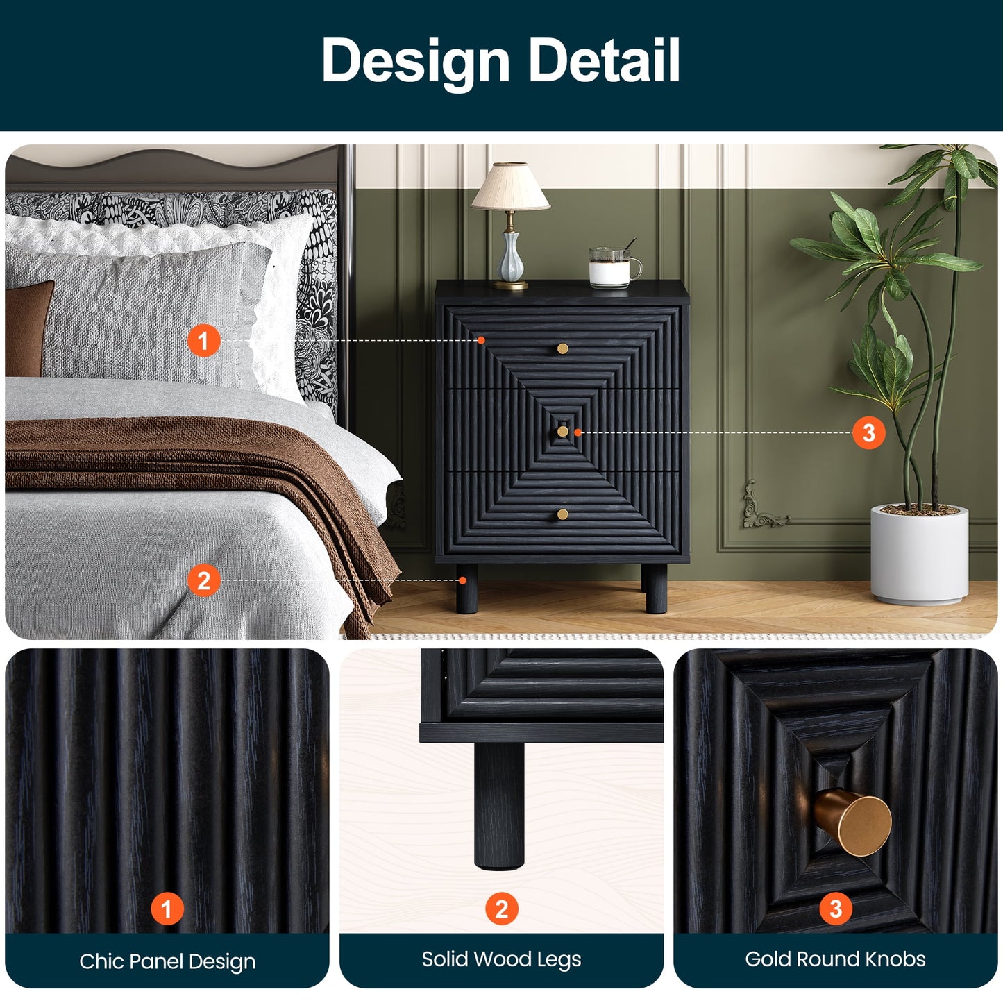 Heynemo Nightstand with 3 Drawers Set of 2, Modern Chest of Drawers for Bedroom, Living Room, Entryway, Black
