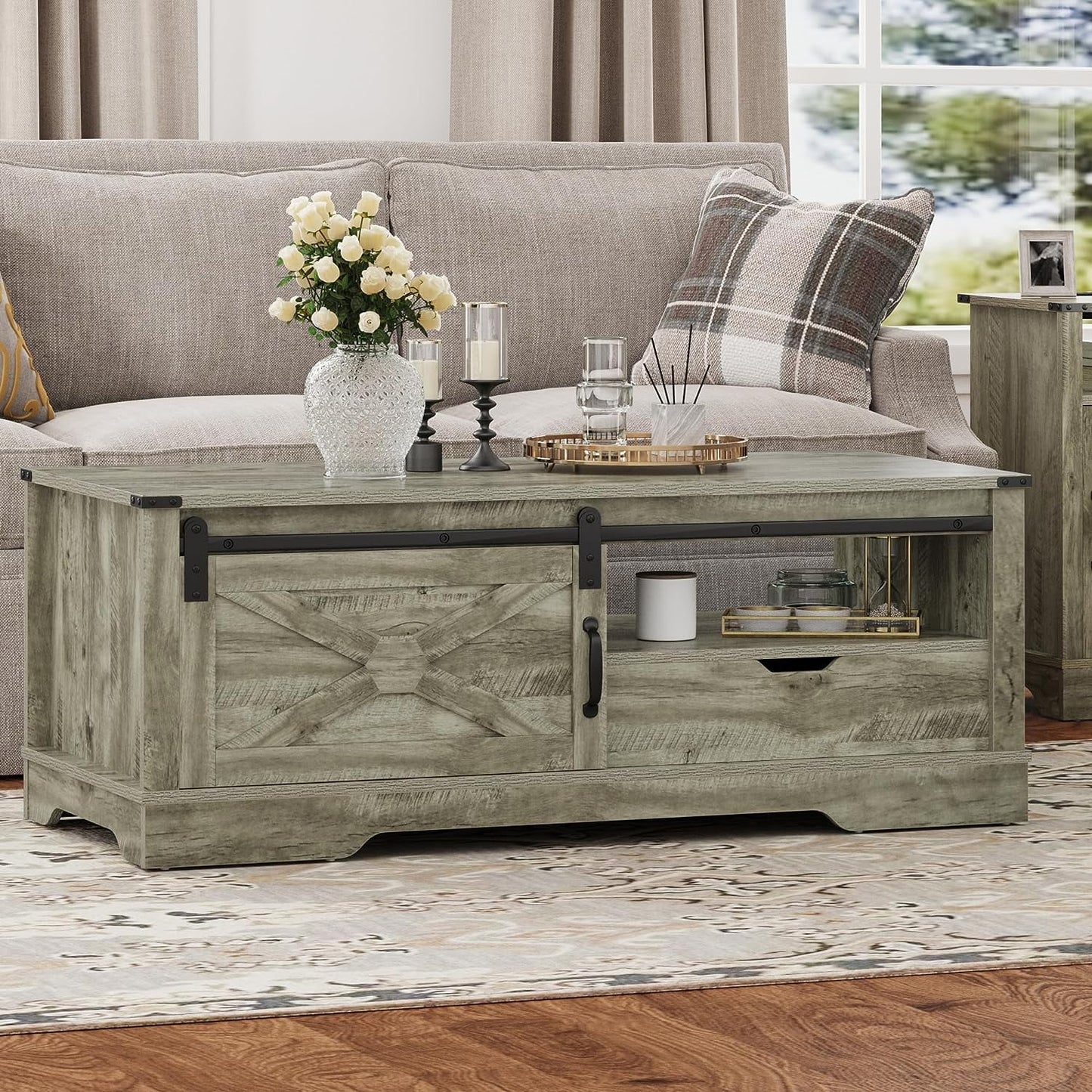 CozyHom Farmhouse Rectangular Coffee Table with Storage Drawer and Sliding Barn Door Furniture, Rustic Coffee Table with Open Shelves for Living Meeting Room, Warm Grey