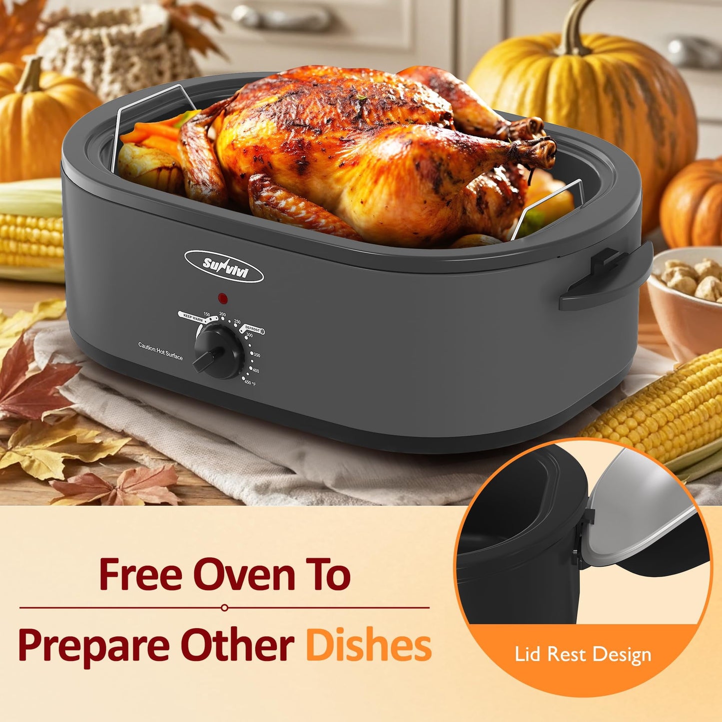 Sunvivi Electric Roaster Oven 20 Qt with Self-Basting Lid, 150-450°F Temp Control, Gray