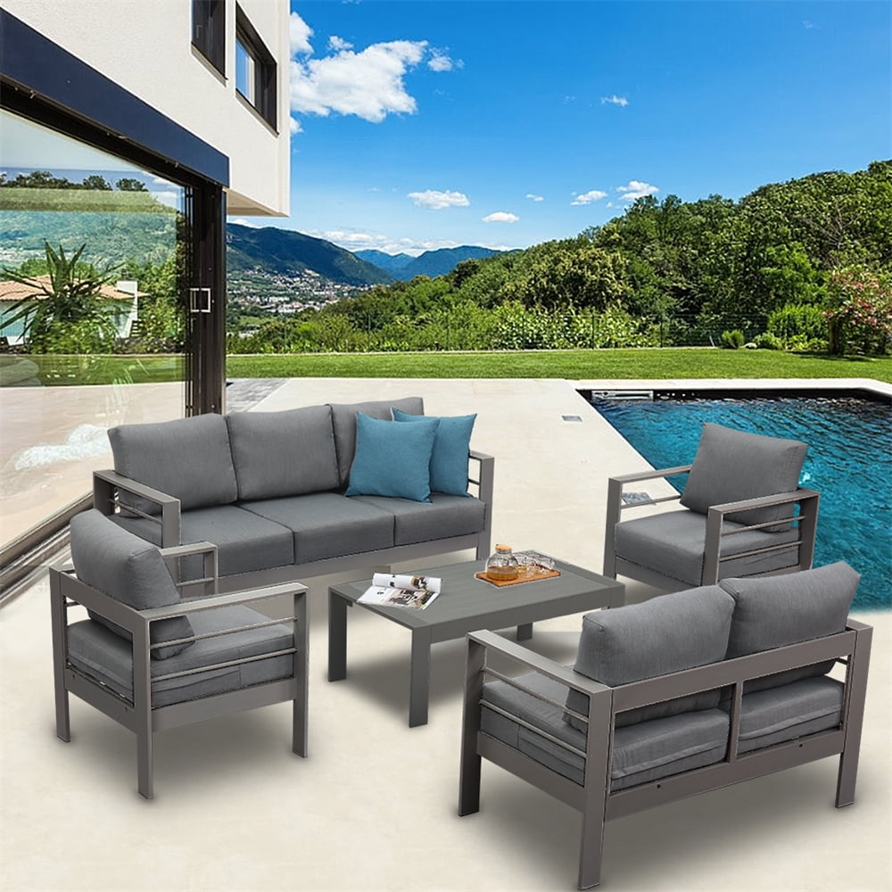 Superjoe 5 Pcs Outdoor Aluminum Furniture Set 7 Seats Patio Sectional Chat Sofa Set Metal Conversation Sofa with 5 Inch Cushion and Coffee Table for Balcony, Garden, Dark Grey